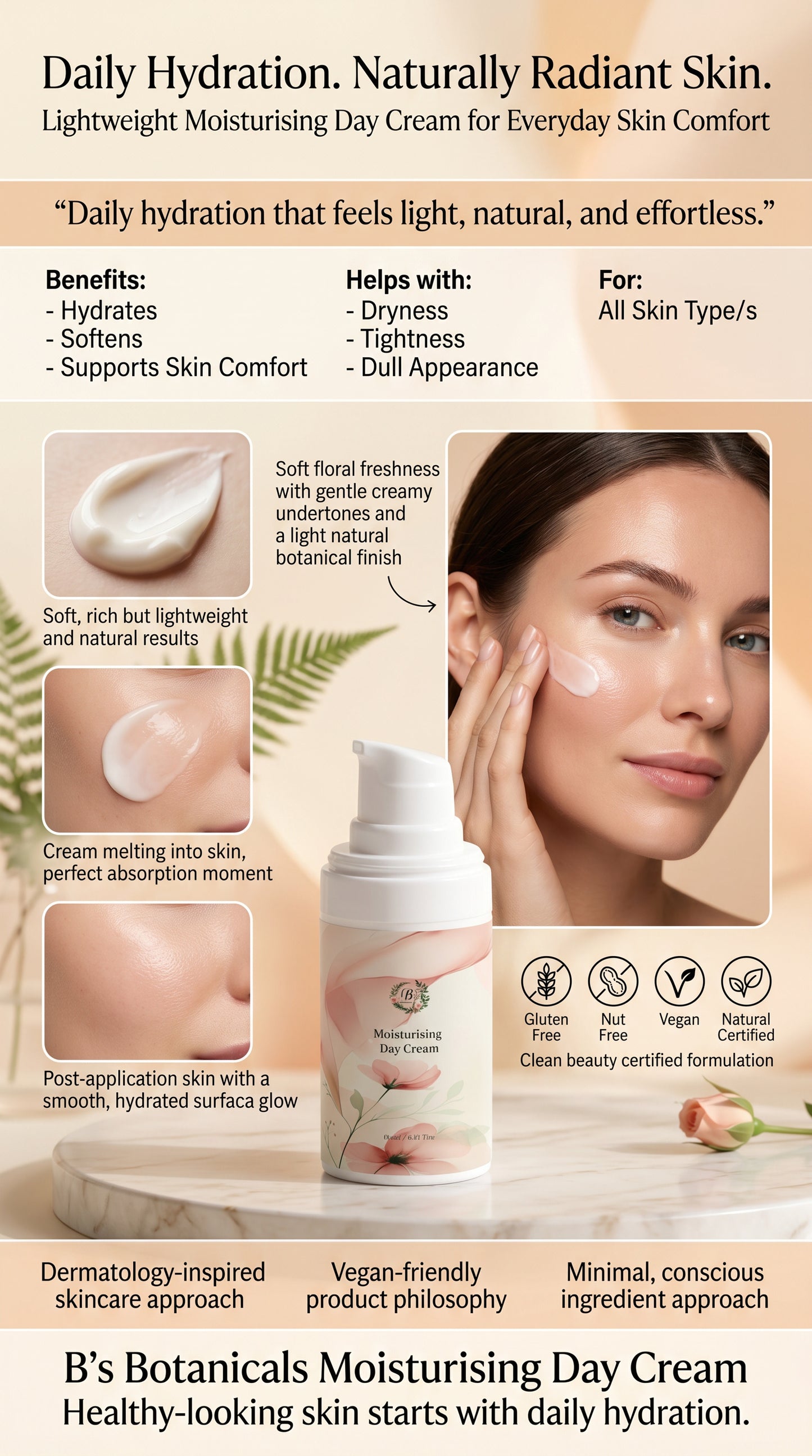 Lightweight moisturising day cream that absorbs quickly and creates a smooth base for makeup application.