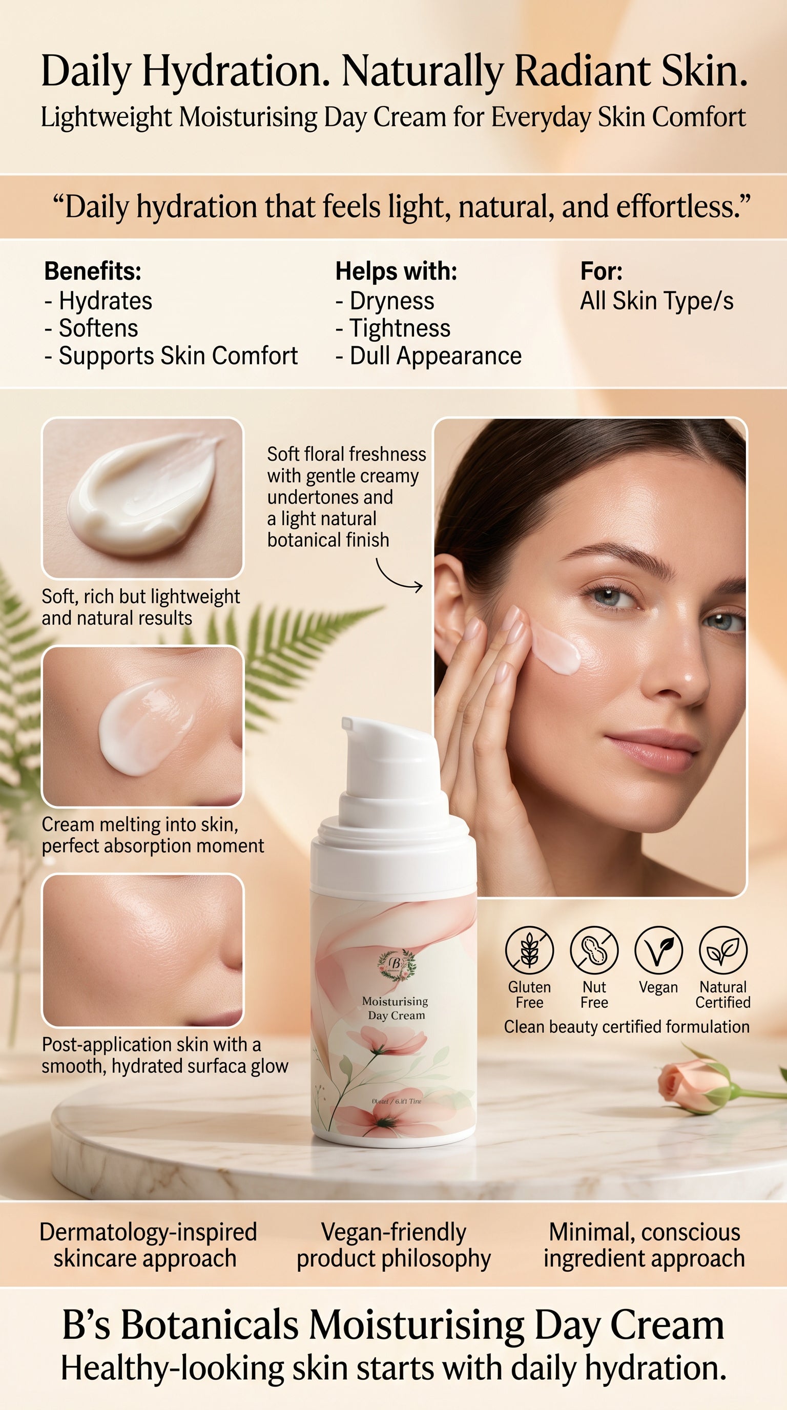 Lightweight moisturising day cream that absorbs quickly and creates a smooth base for makeup application.