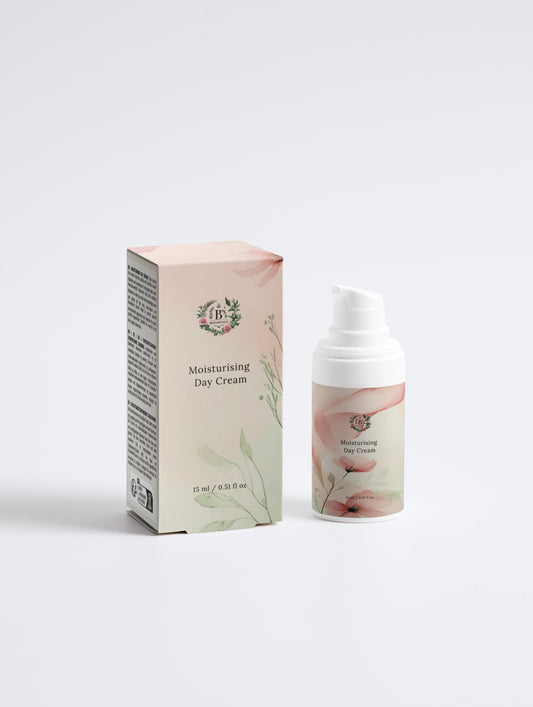 Moisturizing day cream bottle and packaging on a white background