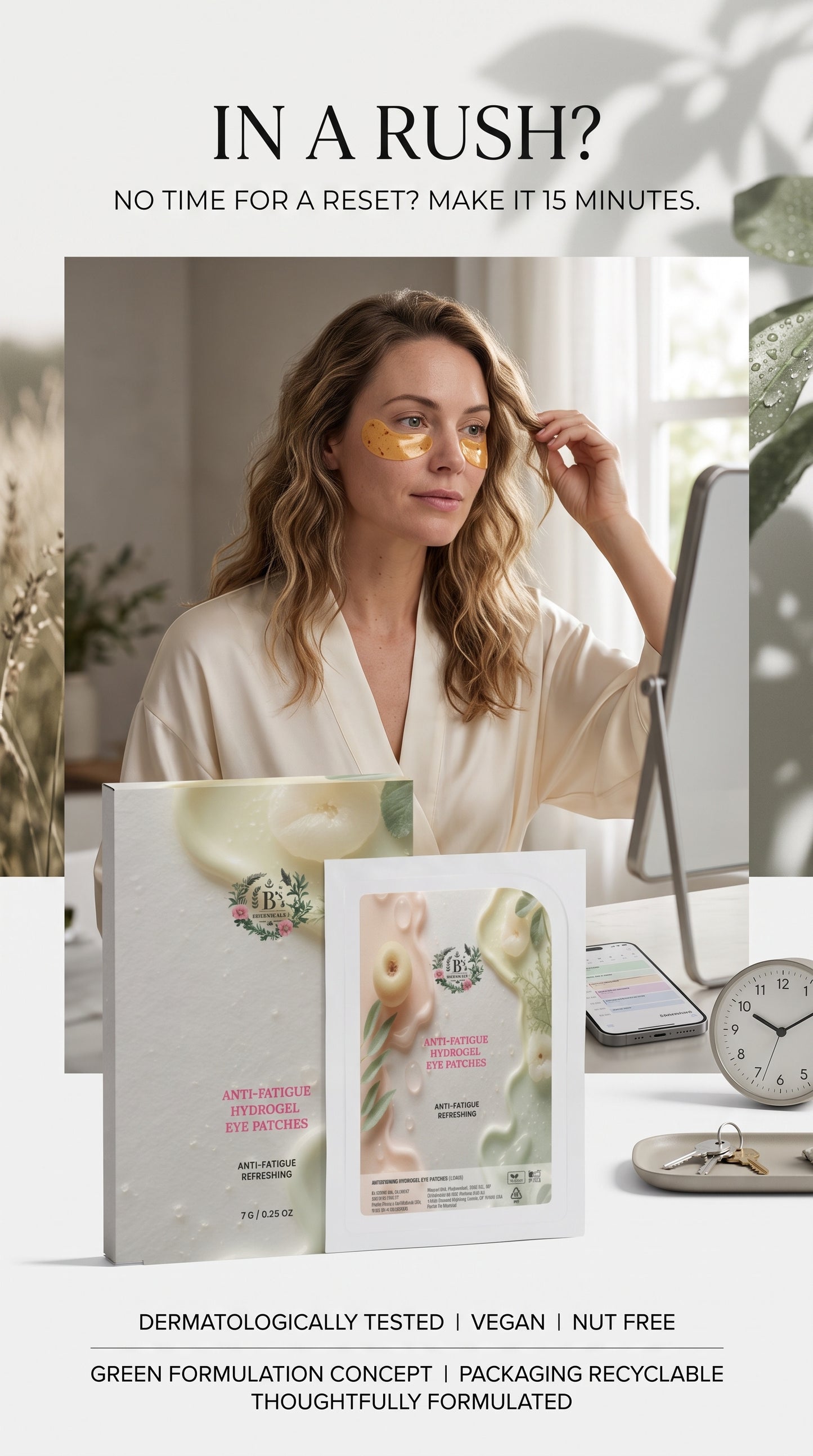 B’s Botanicals Anti-Fatigue Hydrogel Eye Patches presented in a sustainable botanical skincare setting with natural materials.