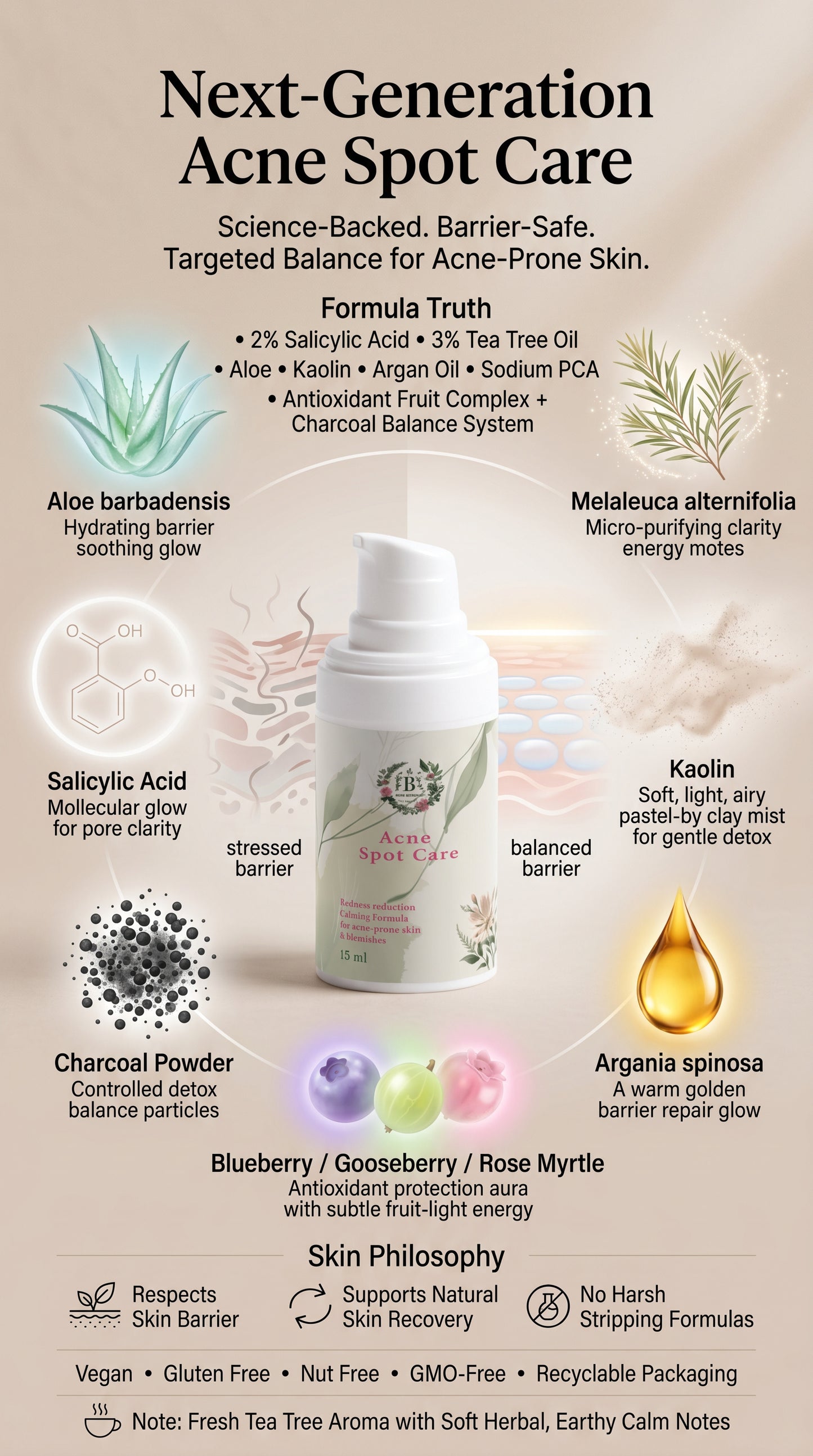 Acne spot care product with ingredients and benefits on a beige background