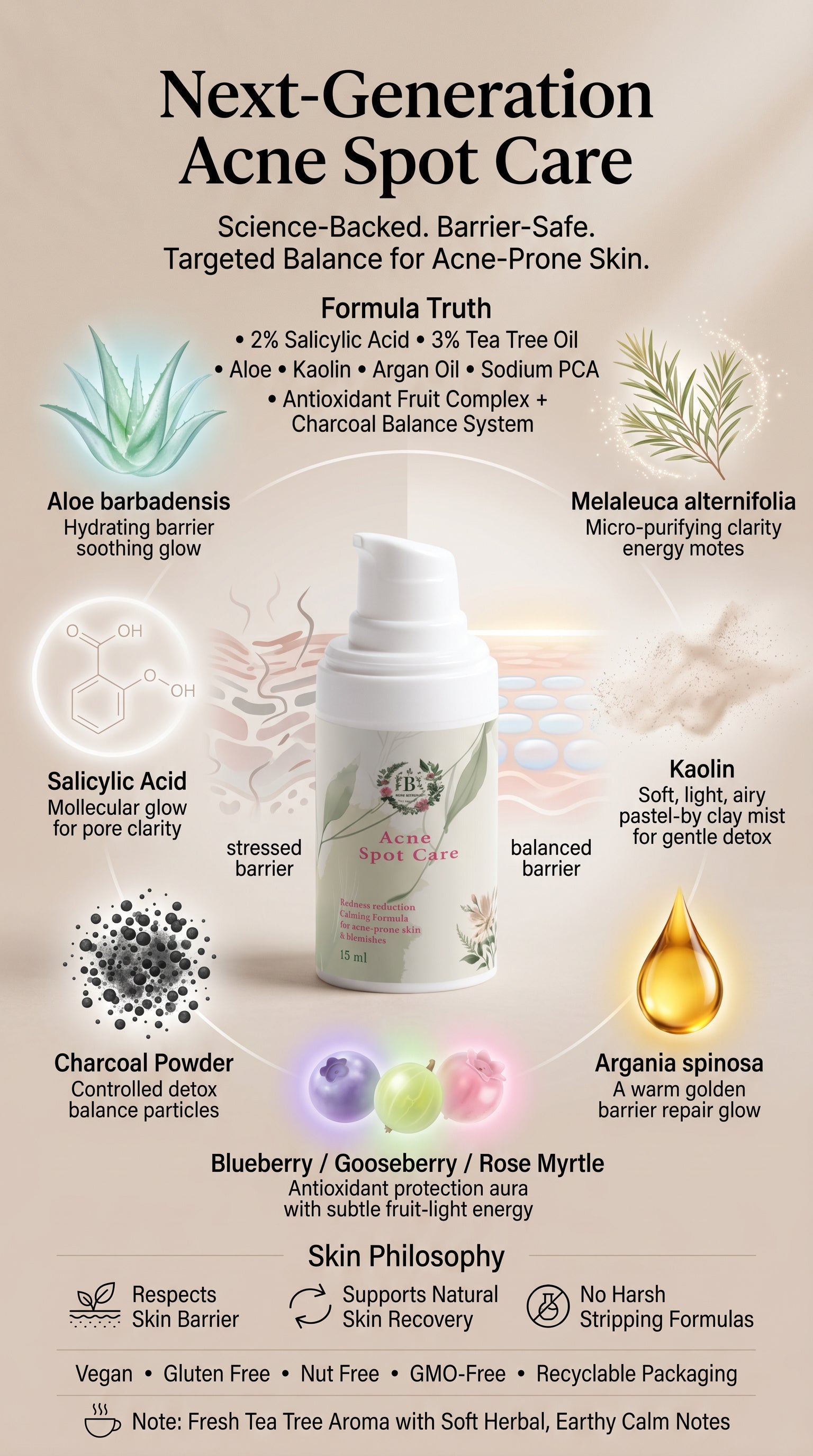 Acne spot care product with ingredients and benefits on a beige background
