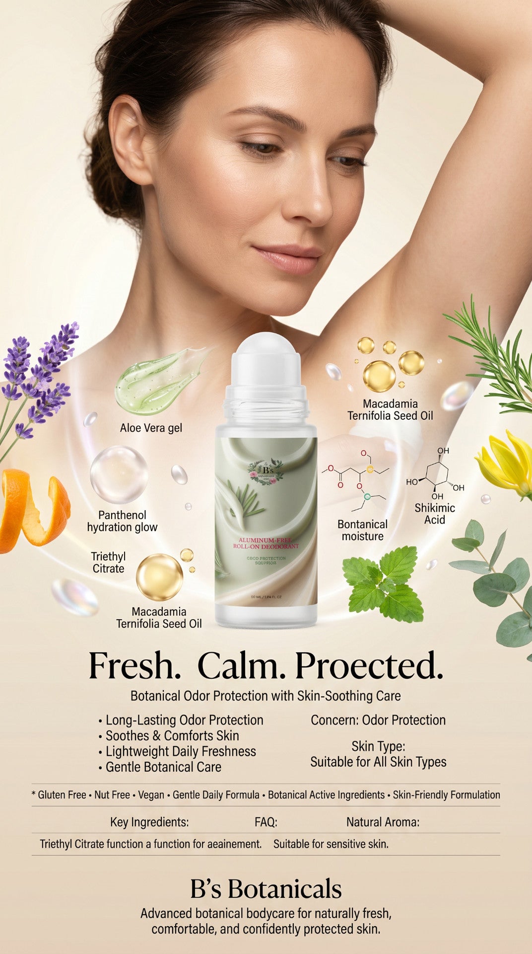 Luxury botanical roll-on deodorant for sensitive skin with Aloe Vera and natural odor protection in a premium wellness setting.