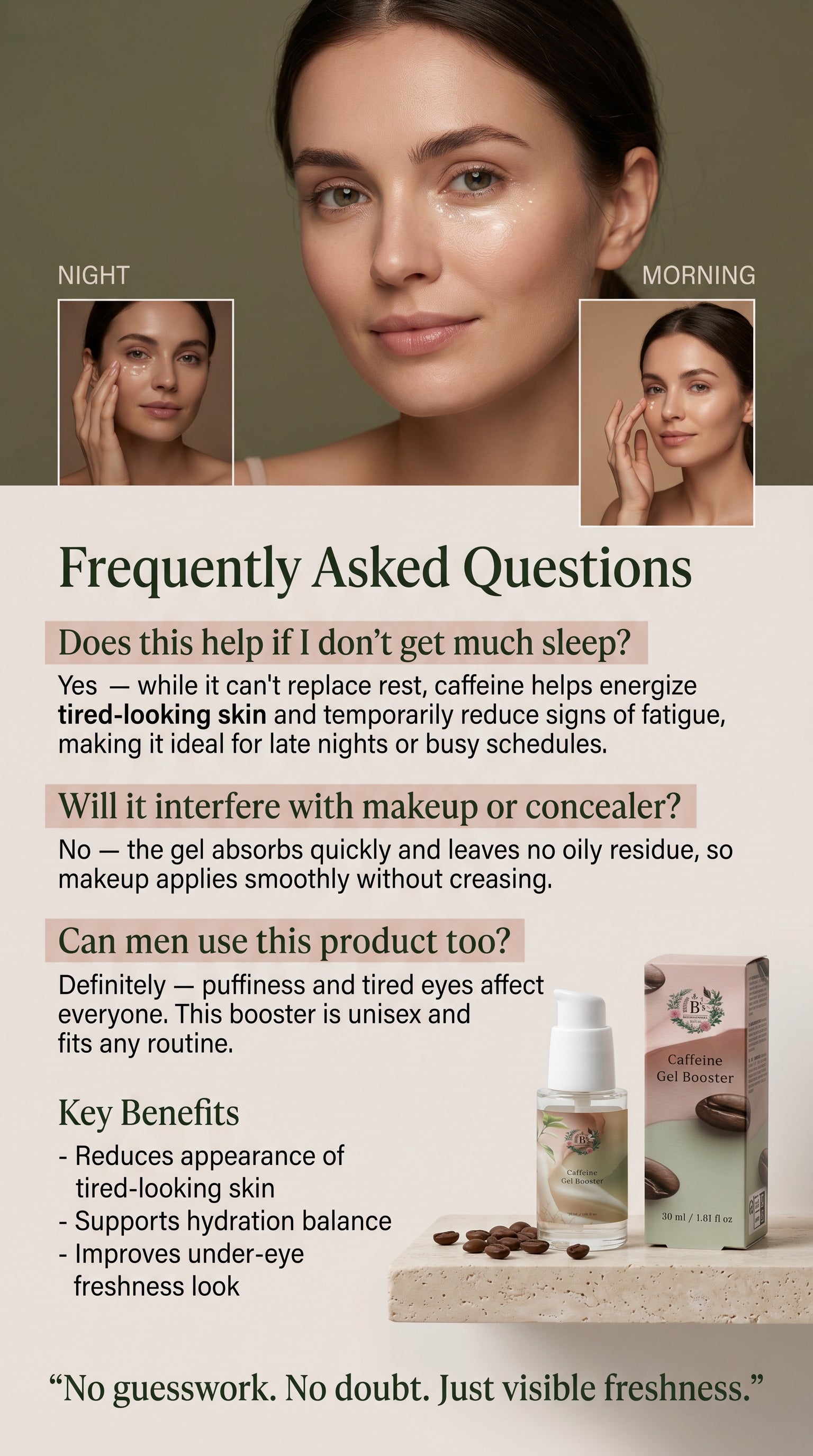 Hydrating caffeine skincare gel for dark circles, under-eye fatigue, and dull skin, designed for a refreshed and awake look