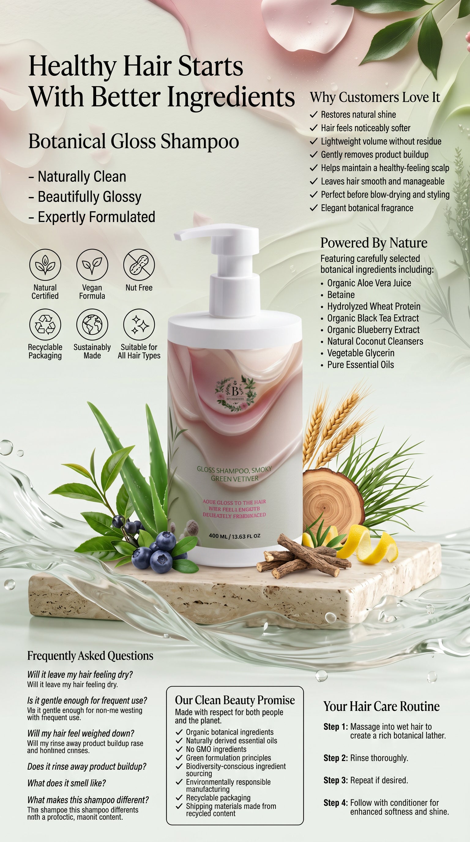 Natural Certified, Vegan and Nut Free Botanical Gloss Shampoo for healthy-looking glossy hair.
