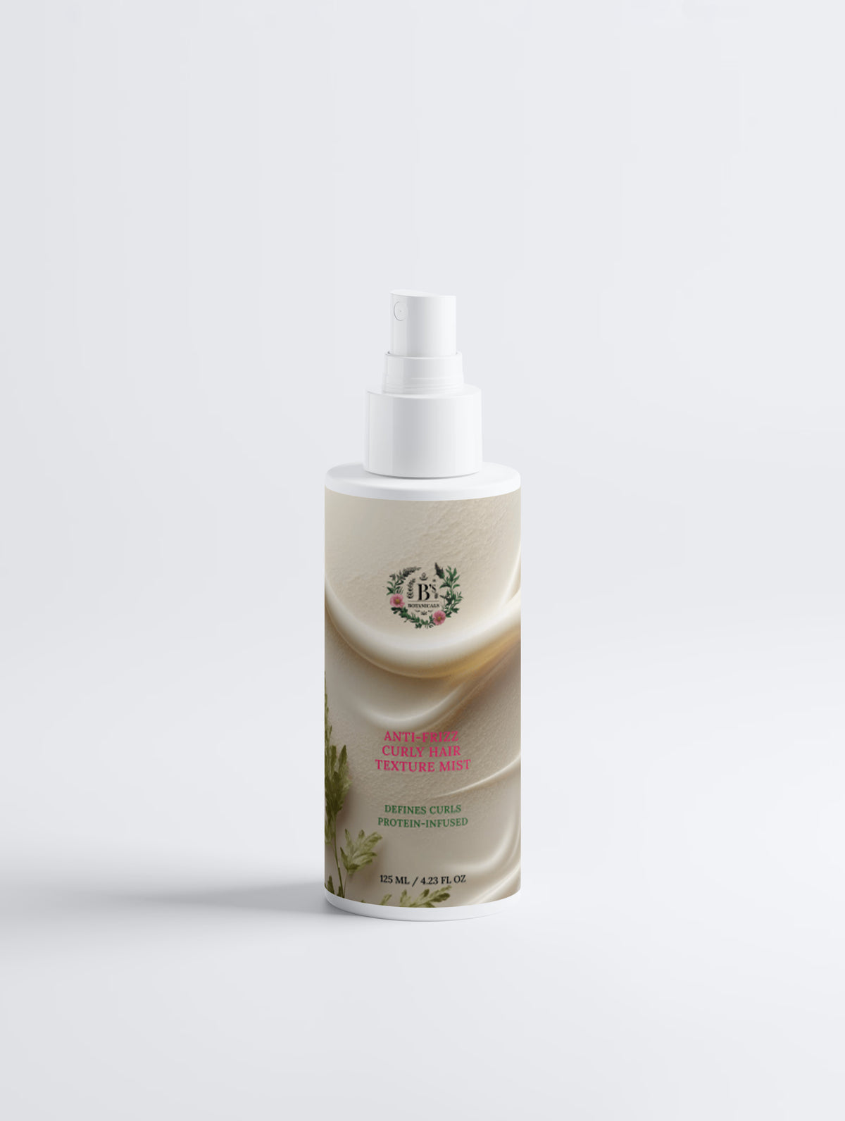 B’s Botanicals Anti-Frizz Curly Hair Texture Mist in a luxury botanical haircare campaign for naturally textured hair product