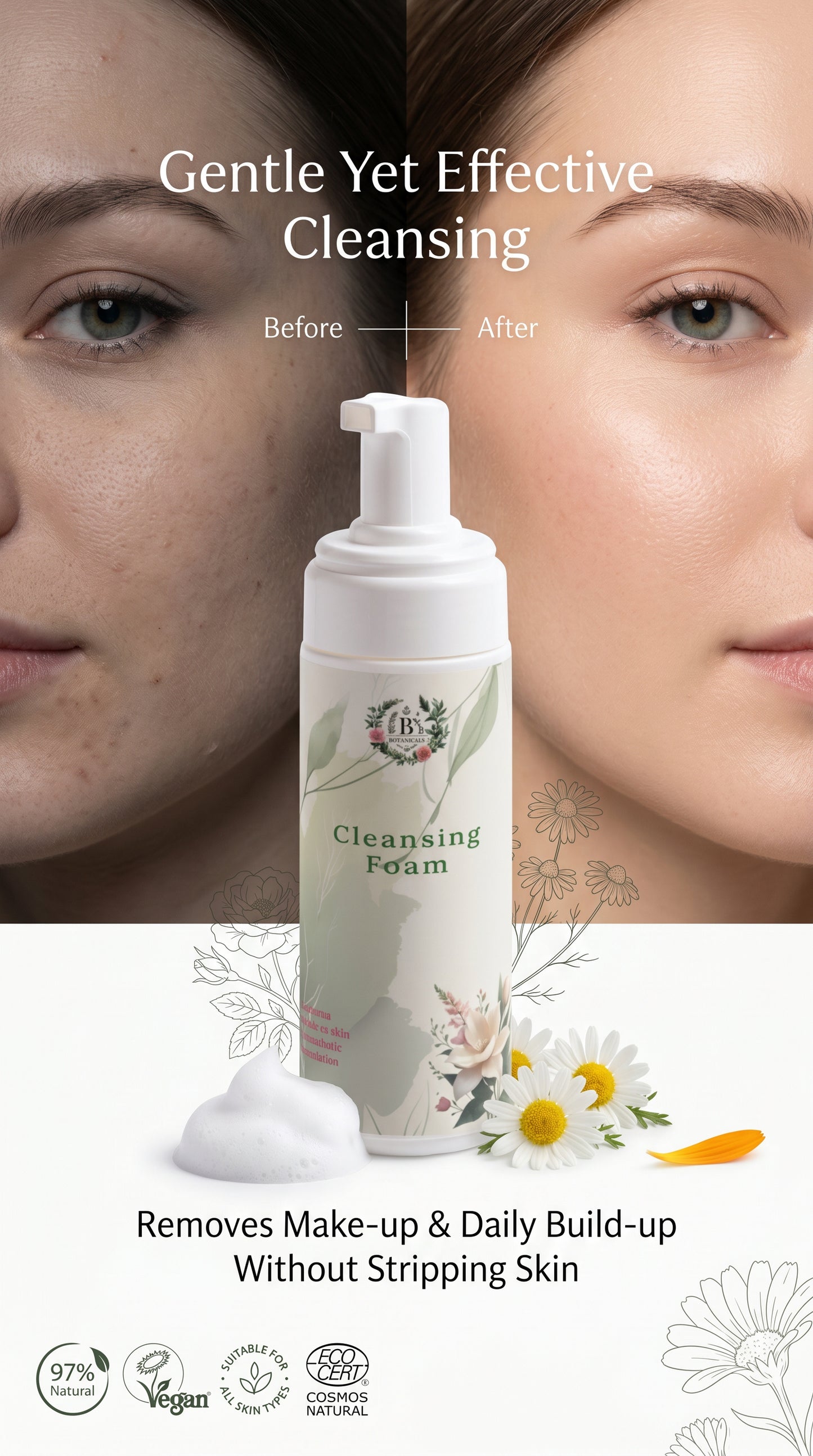 Cleansing foam product with 'Before' and 'After' skin comparison on a white background