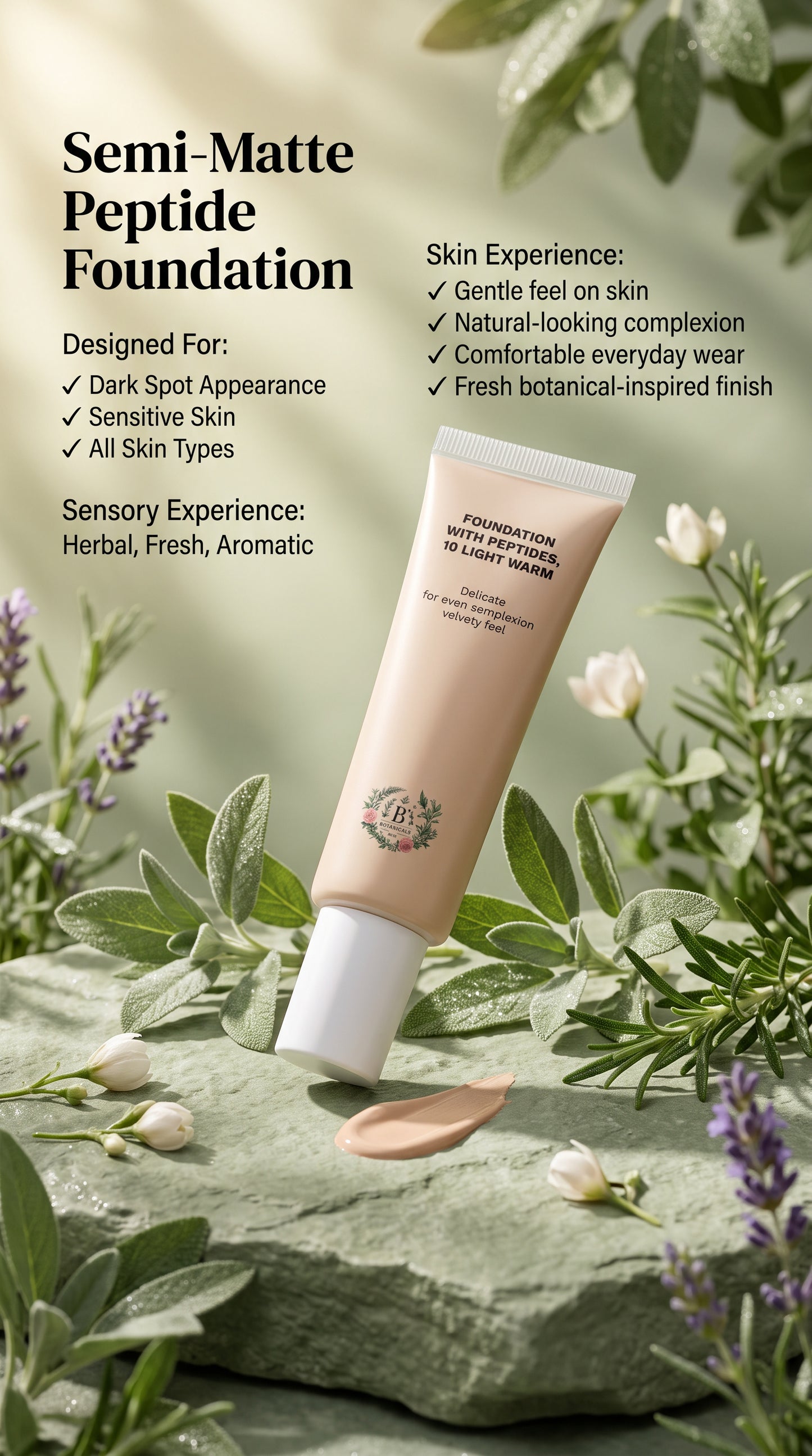 B's Botanicals Semi-Matte Peptide Foundation with a natural-looking semi-matte finish, lightweight buildable coverage, and skincare-inspired formula for an even-looking complexion.