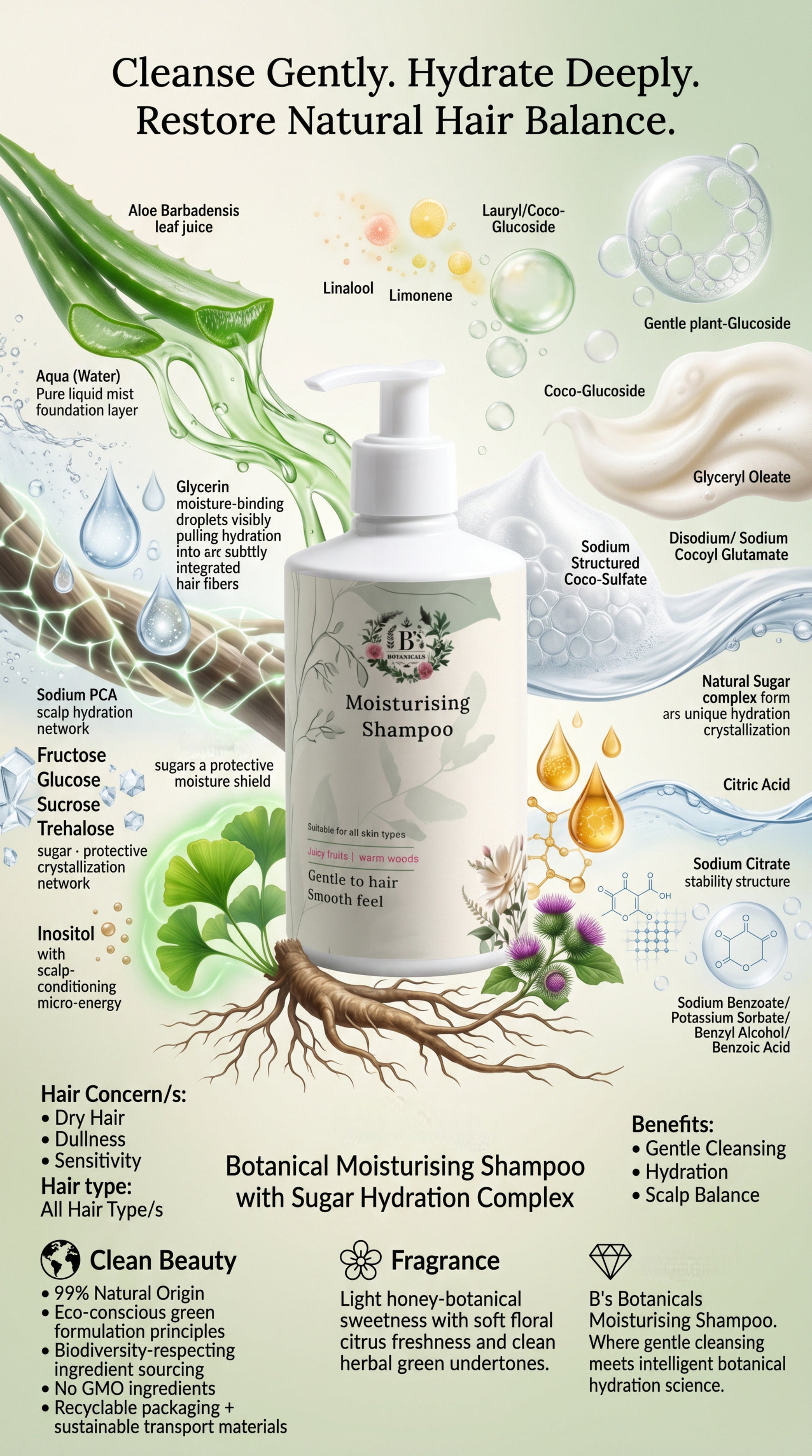 COSMOS natural moisturising shampoo that gently cleanses while leaving hair smooth, glossy, and deeply nourished.