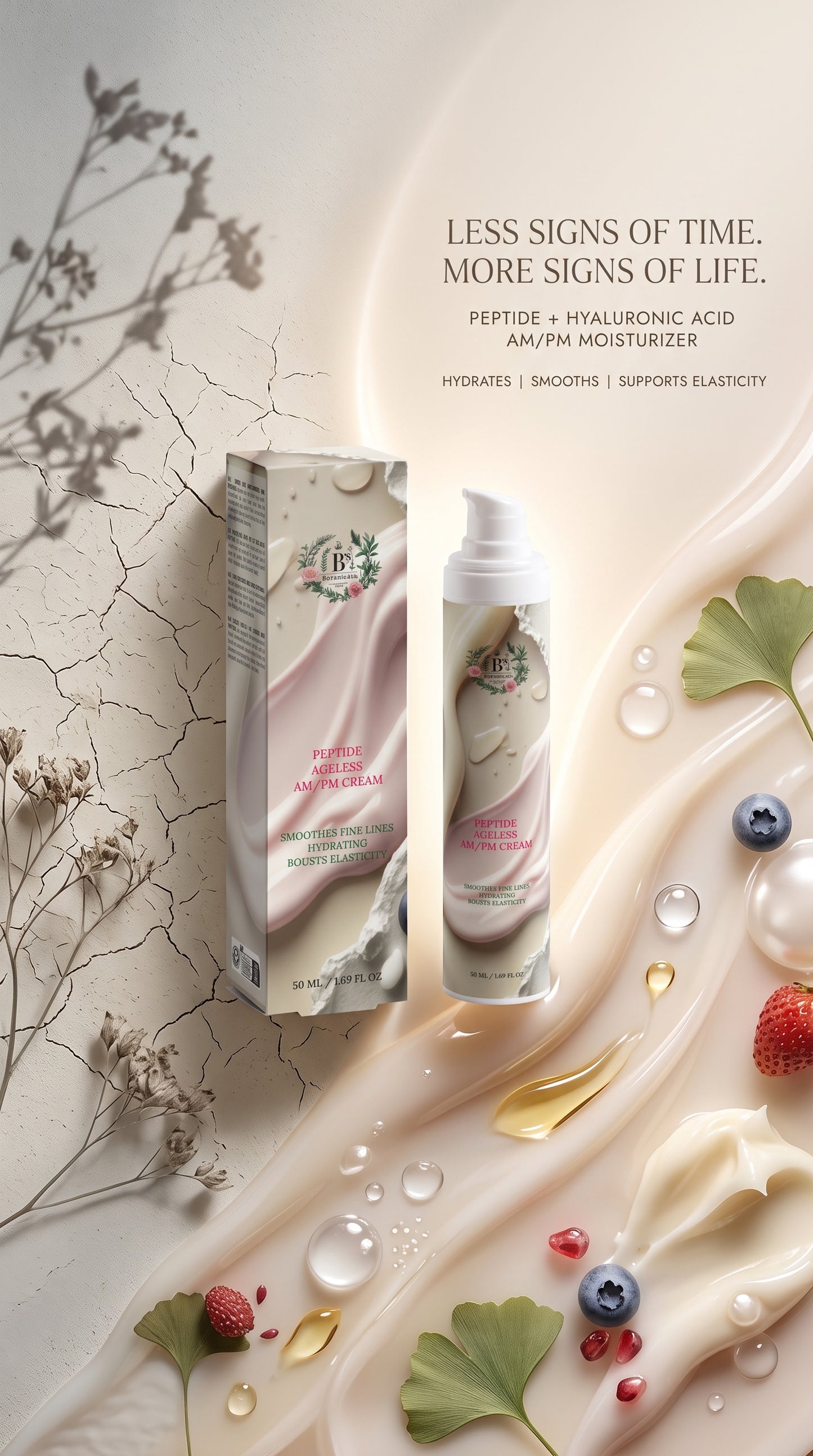 Natural peptide moisturizer with botanical oils, hyaluronic acid and nourishing ingredients for mature skin.