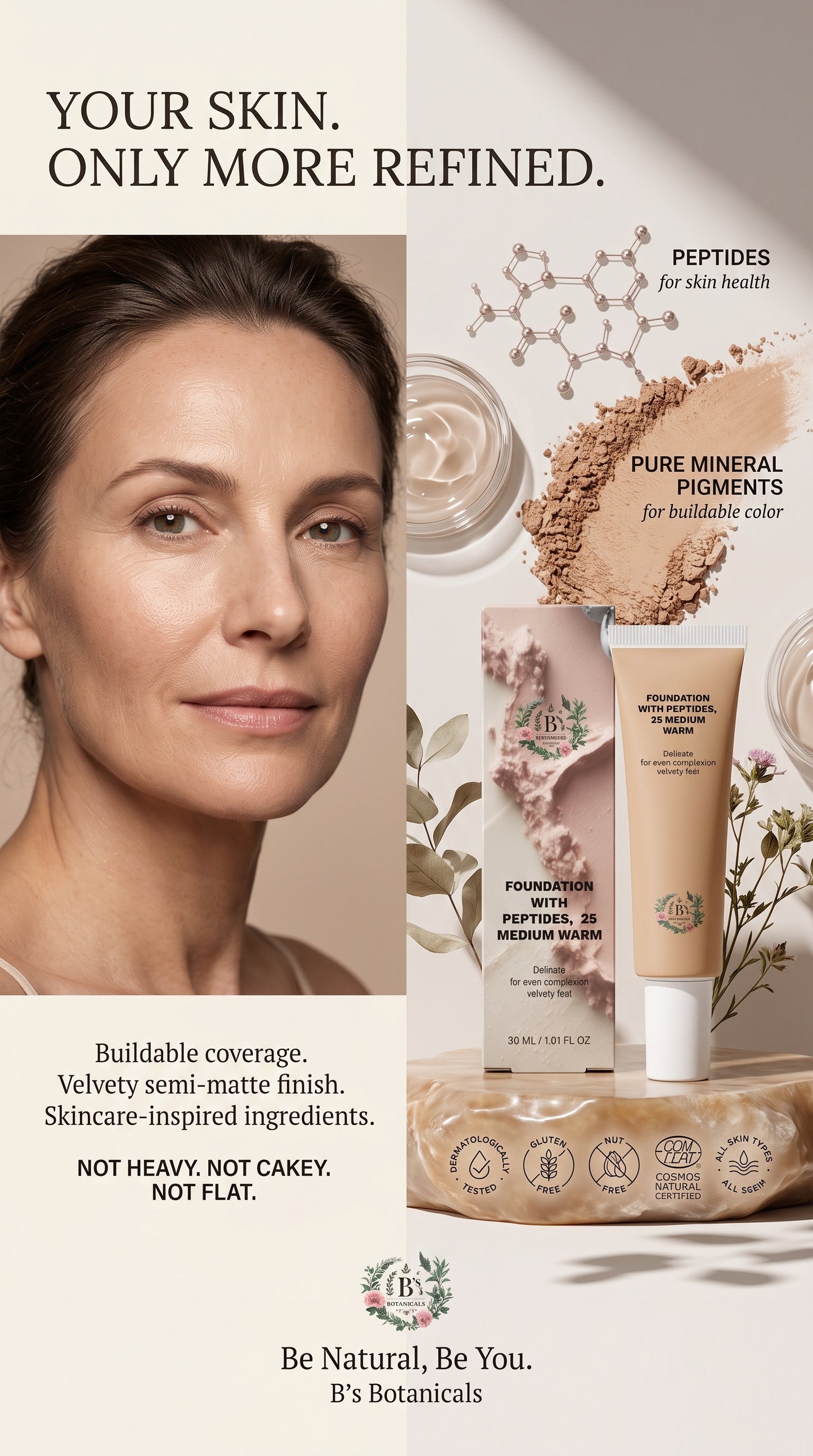 Natural skin texture with B’s Botanicals semi-matte peptide foundation for a smooth refined appearance