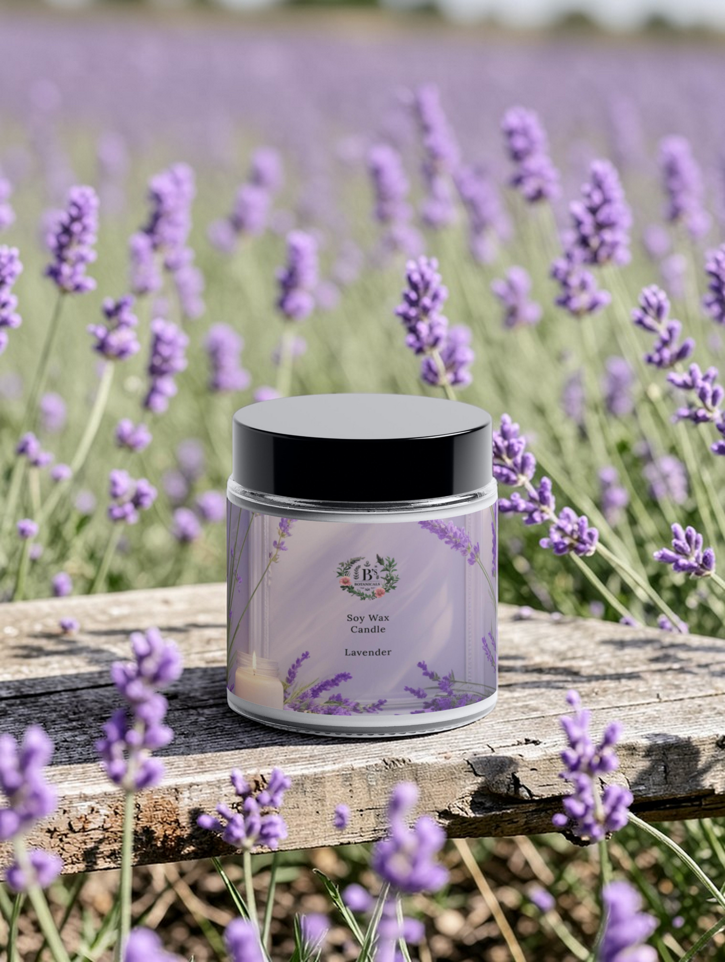 Jar of lavender body wash on a wooden surface with a lavender field in the background