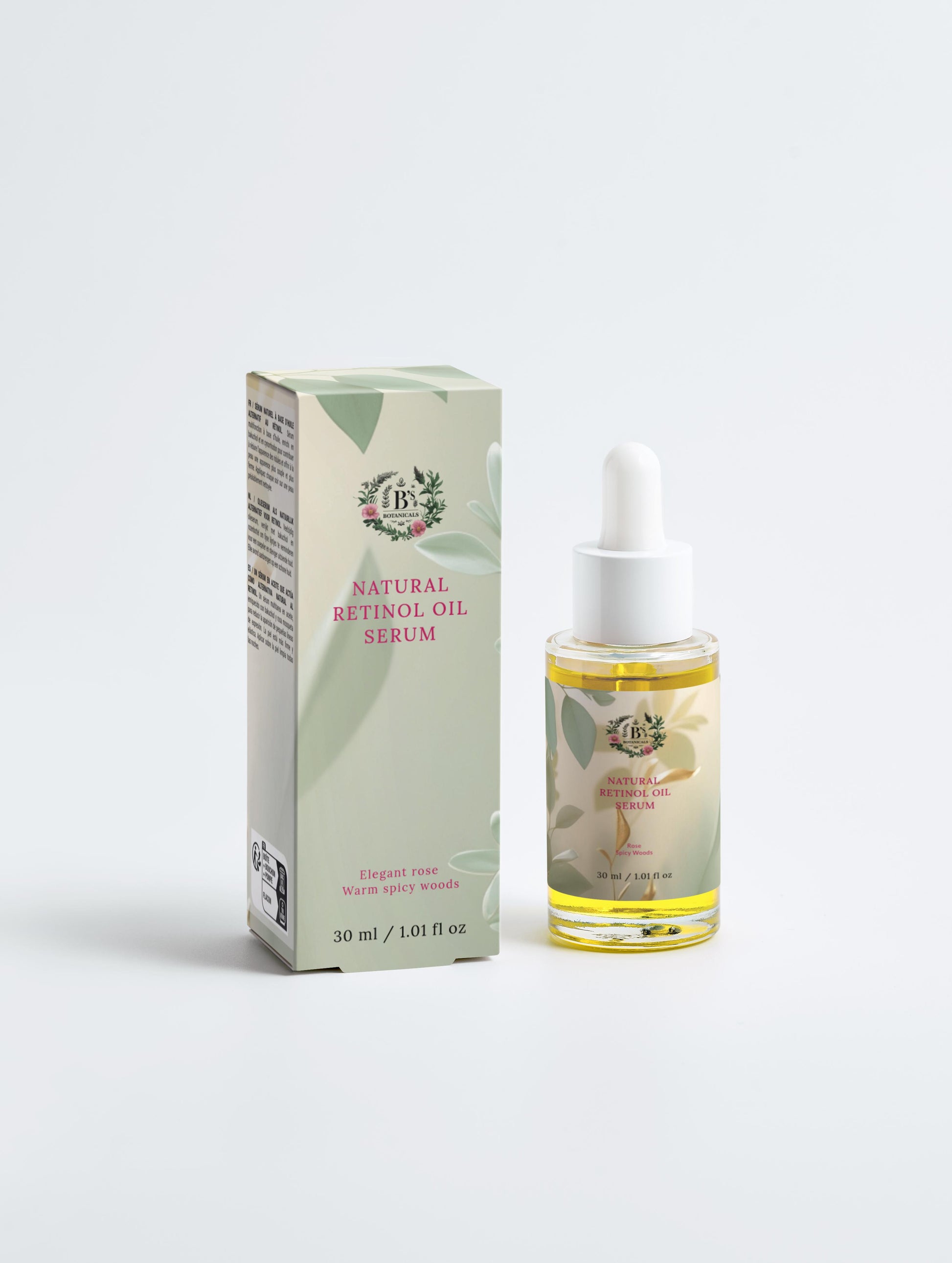 Natural retinol oil serum with packaging on a white background