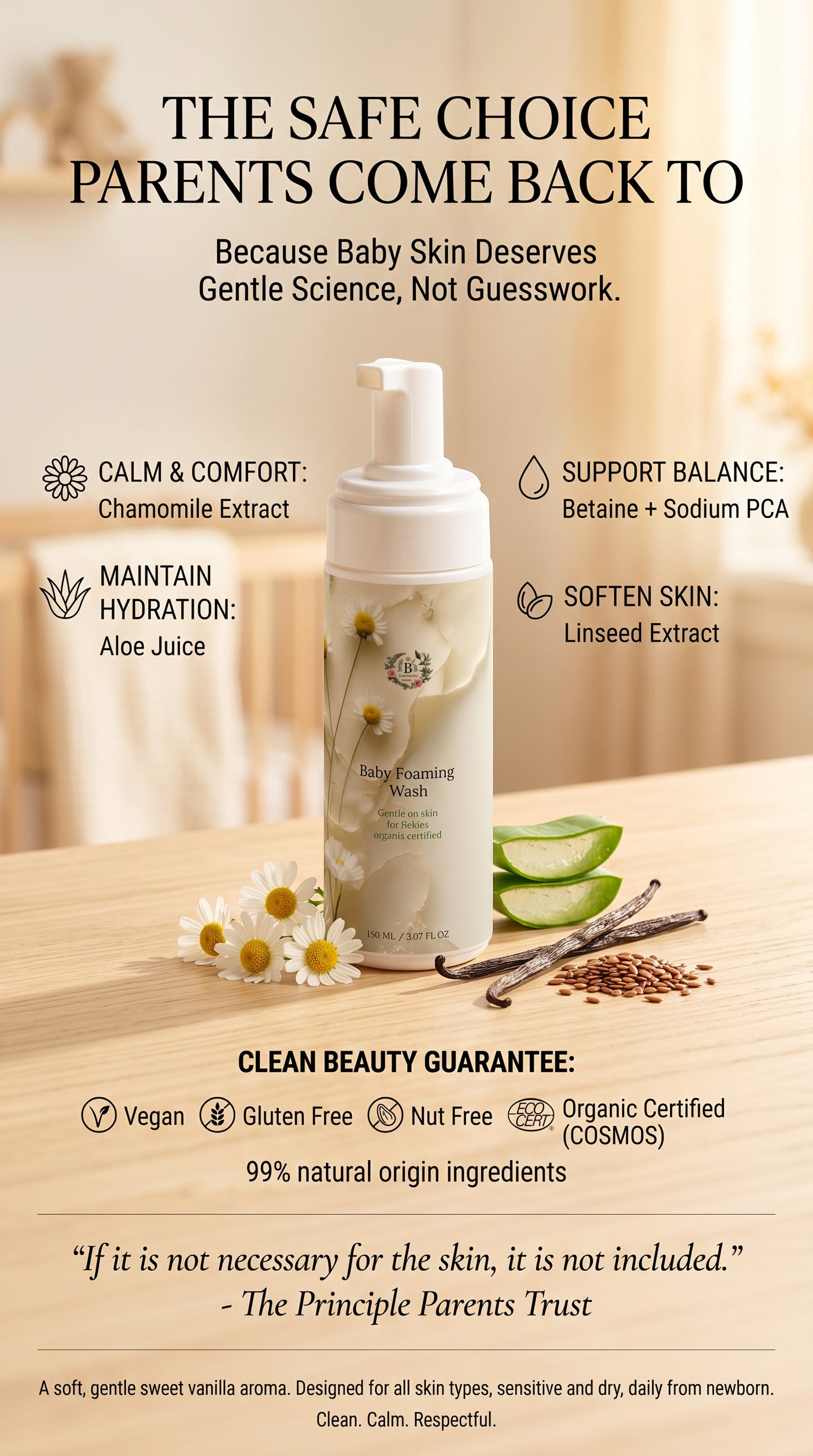 Baby skincare product with ingredients and benefits listed on a wooden surface.