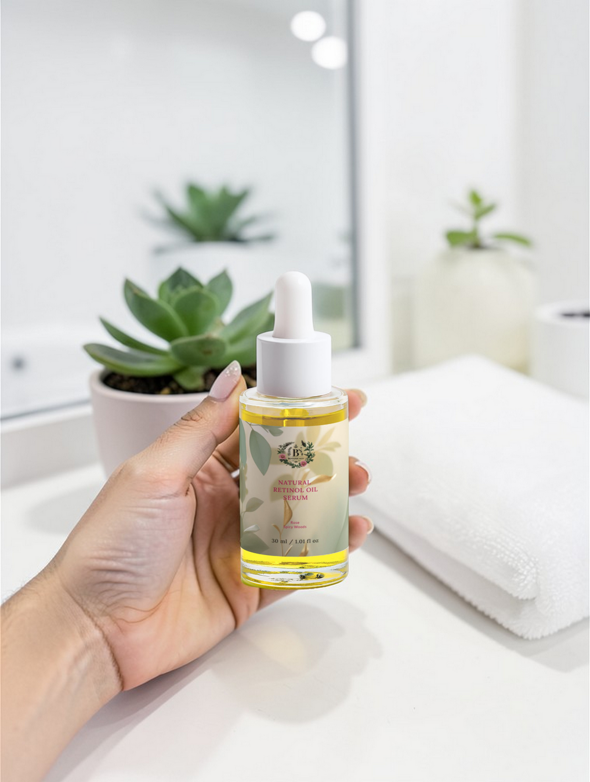 Hand holding a dropper bottle with a natural product label in a bathroom setting.