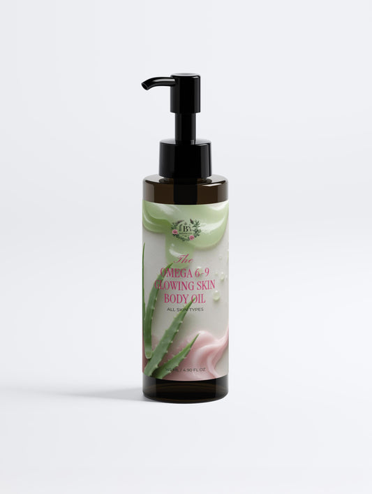 Bottle of aloe vera body oil with pump on a white background