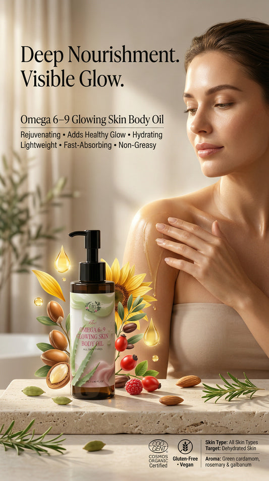 Omega 6-9 Glowing Skin Body Oil with a woman applying oil to her arm, surrounded by natural elements.