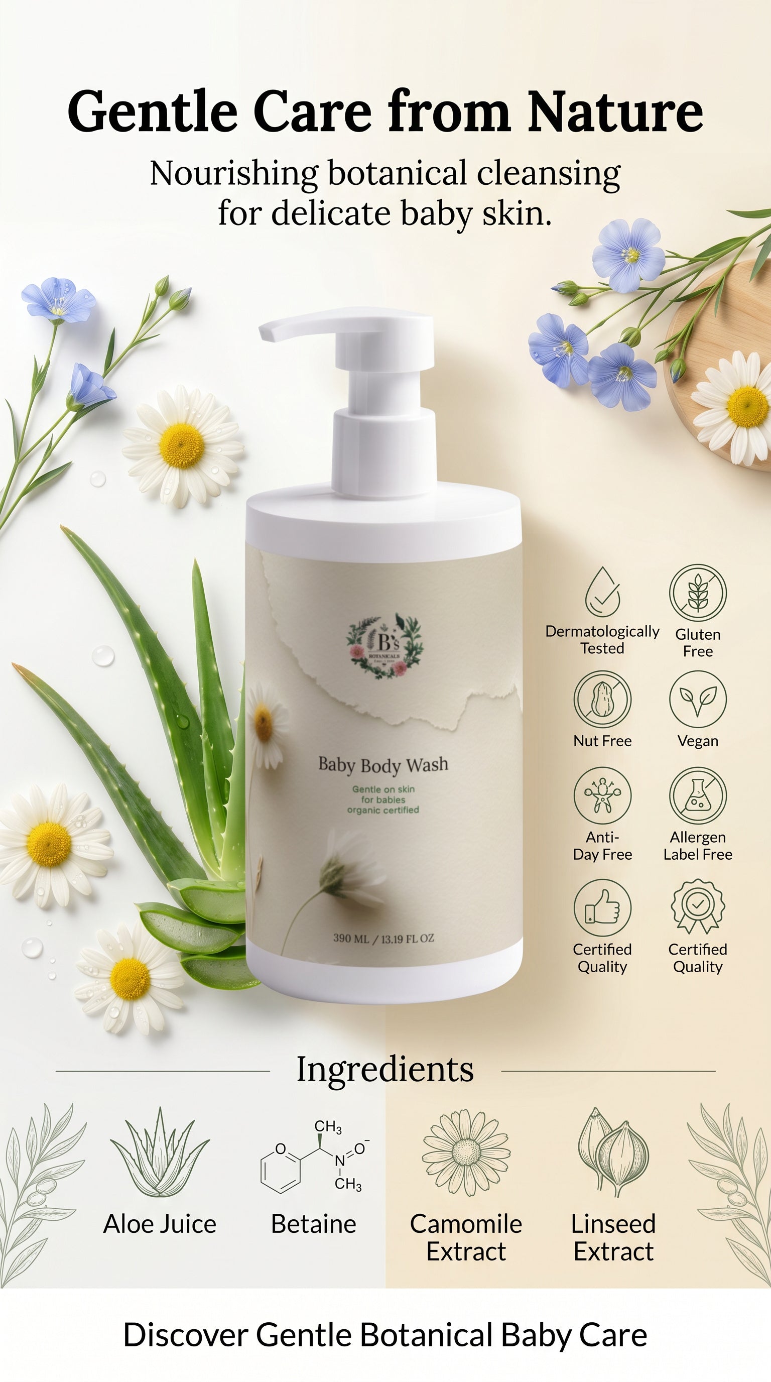 Organic Baby Body Wash featuring aloe vera, rose water, camomile and linseed extracts for gentle cleansing of delicate baby skin.