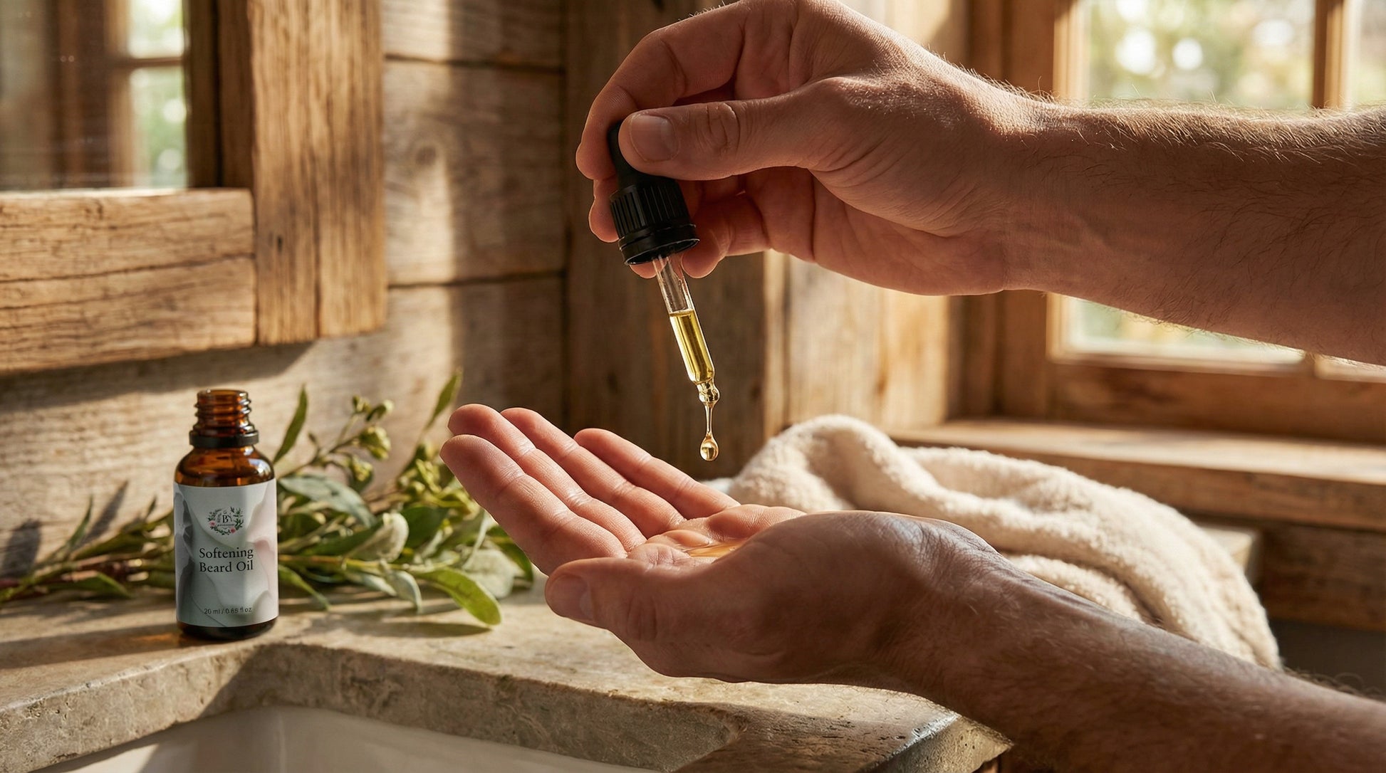 Hand holding a dropper with a small bottle of essential oil on a wooden surface.