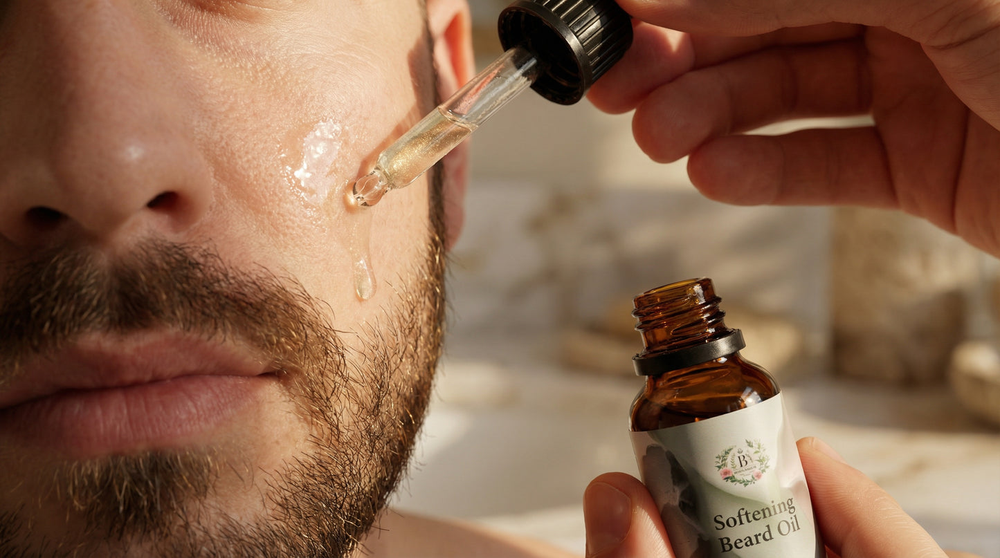 Man applying beard oil with a dropper bottle labeled 'L'herbier de France'.