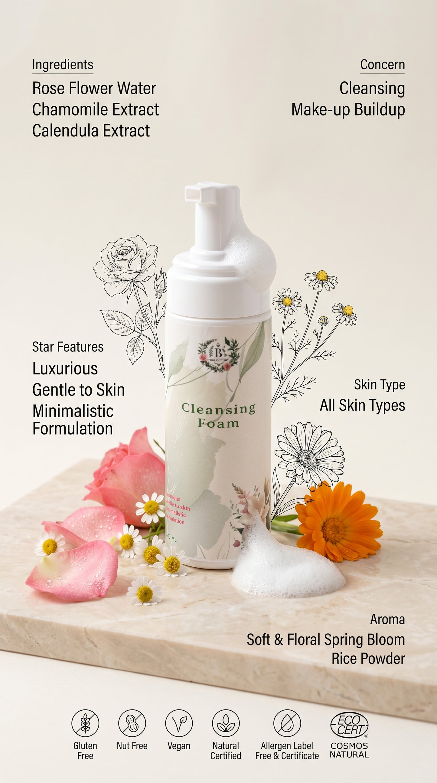 Cleansing foam bottle with floral design and product details on a light background