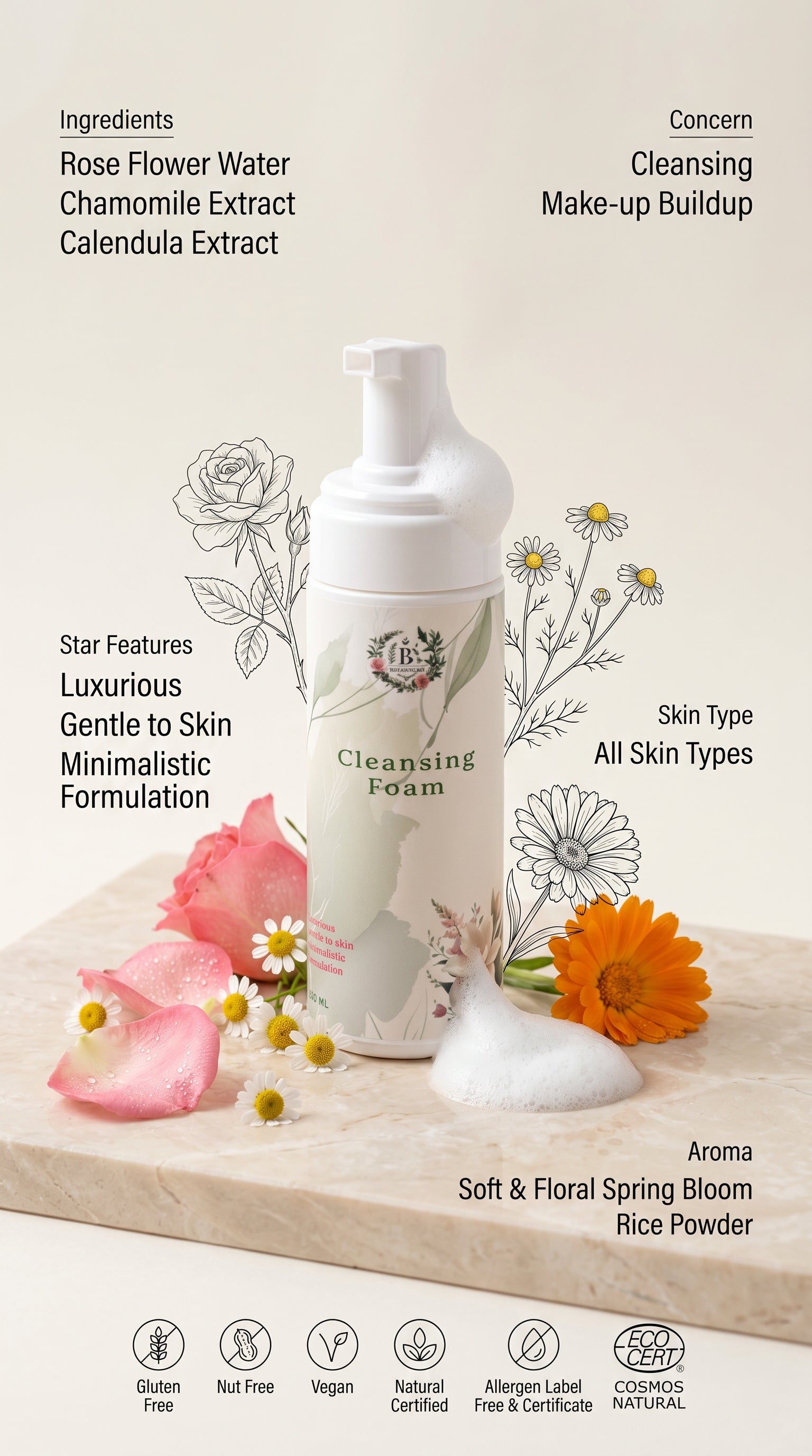 Cleansing foam bottle with floral design and product details on a light background