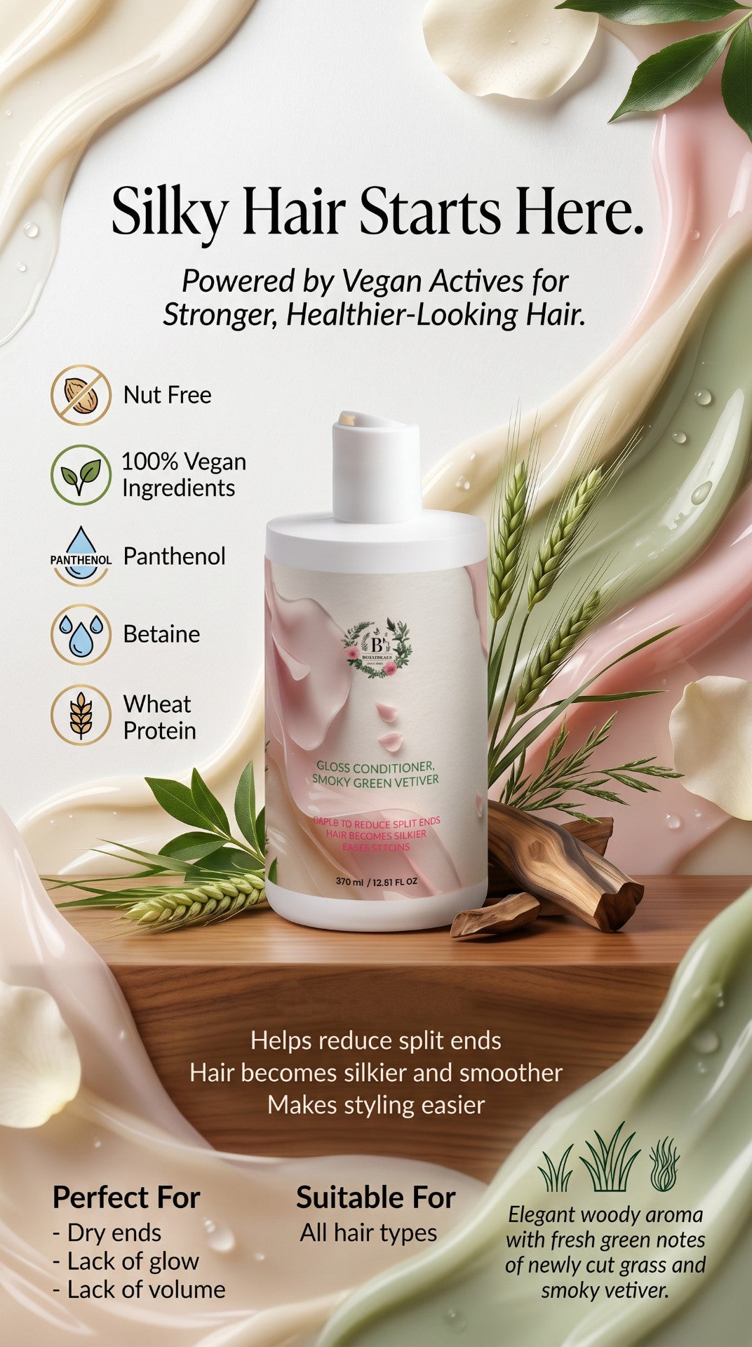 Hair treatment with panthenol, betaine and wheat protein for silky, smooth and healthier-looking hair.