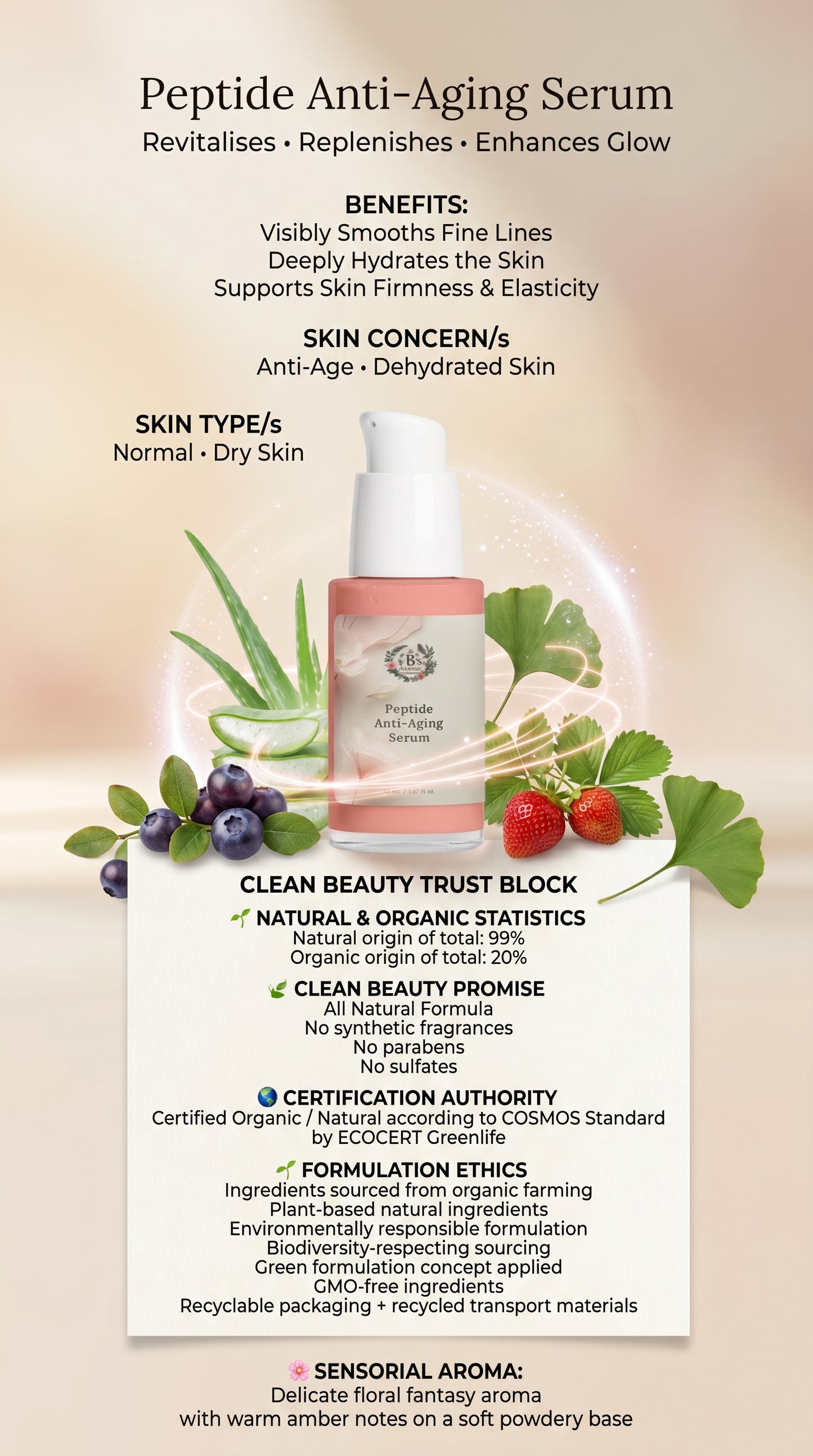 Peptide Anti-Aging Serum with benefits and product details on a beige background