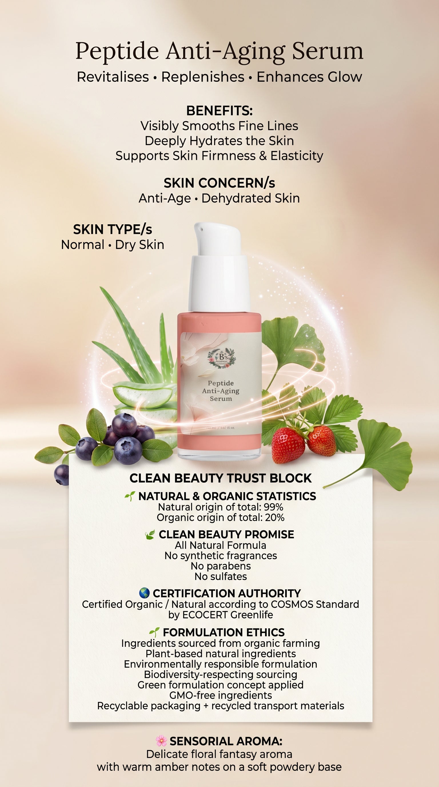 Peptide Anti-Aging Serum with benefits and product details on a beige background