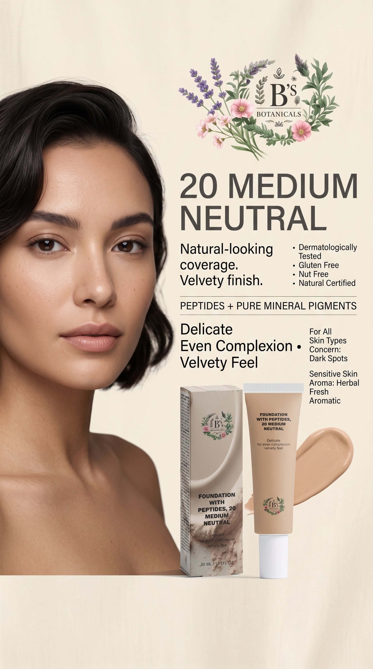 Beautiful model wearing B’s Botanicals 20 Medium Neutral peptide-enriched foundation with buildable coverage and soft semi-matte finish