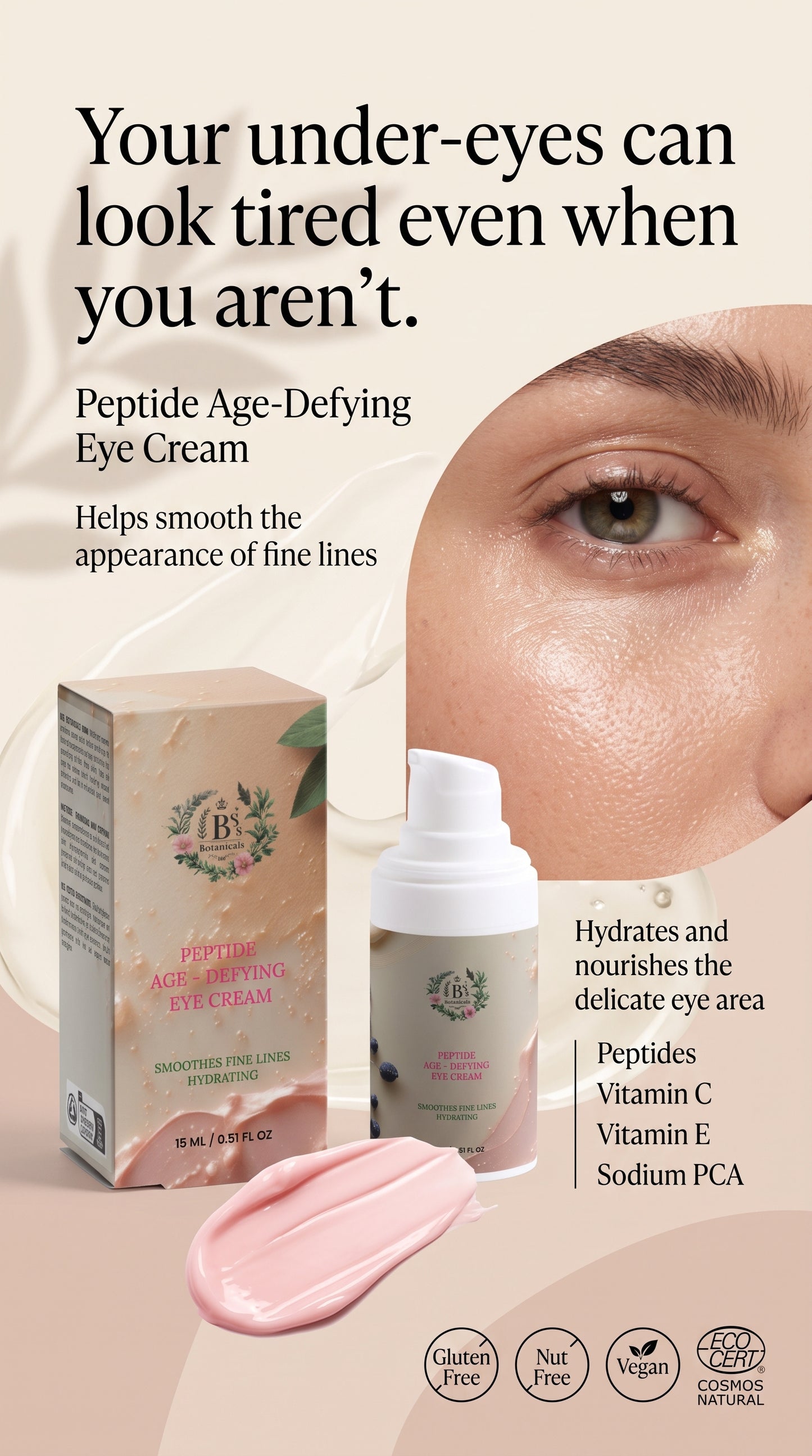Peptide eye cream for mature skin and the appearance of under-eye fine lines.