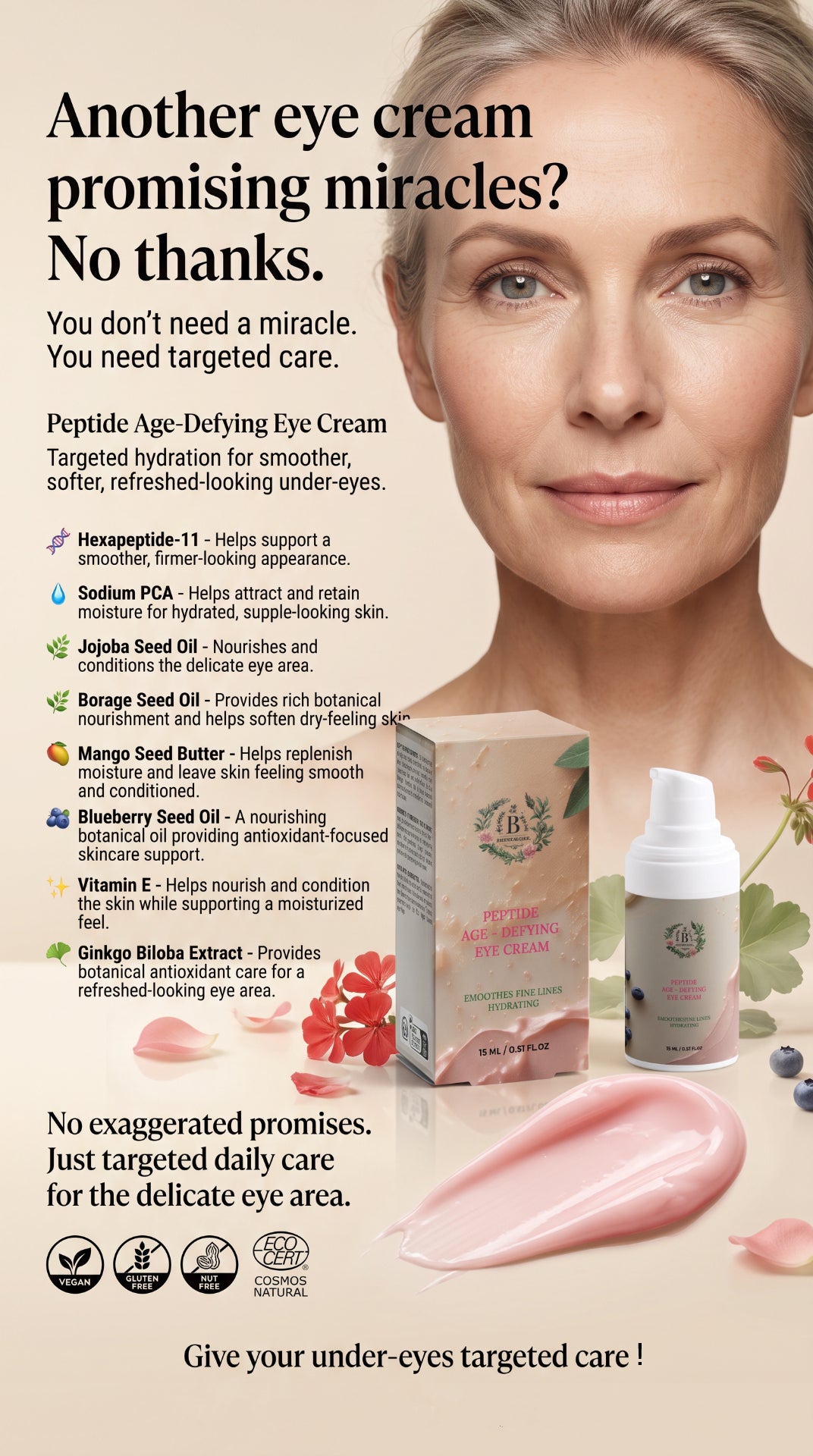 Peptide eye cream texture for hydrating and nourishing delicate under-eye skin.