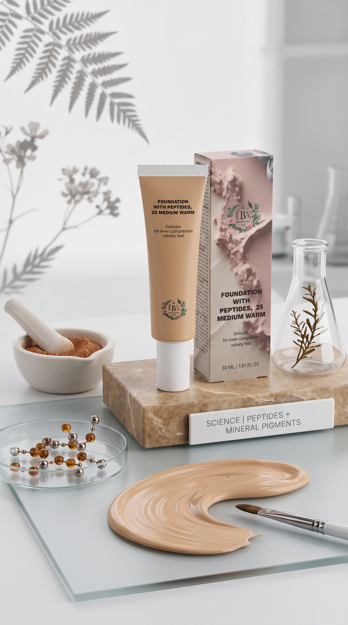 25 Medium Warm Peptide Foundation texture showing its smooth, creamy consistency and velvety semi-matte finish.