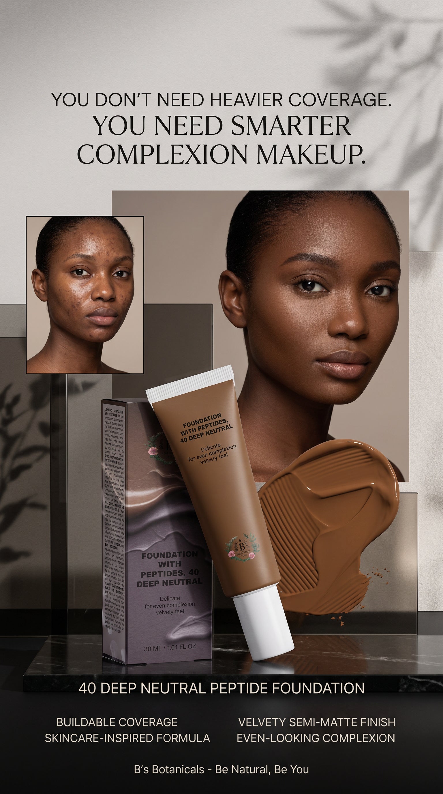 Peptide foundation for deep skin with neutral undertones, designed for a smooth naturally perfected complexion