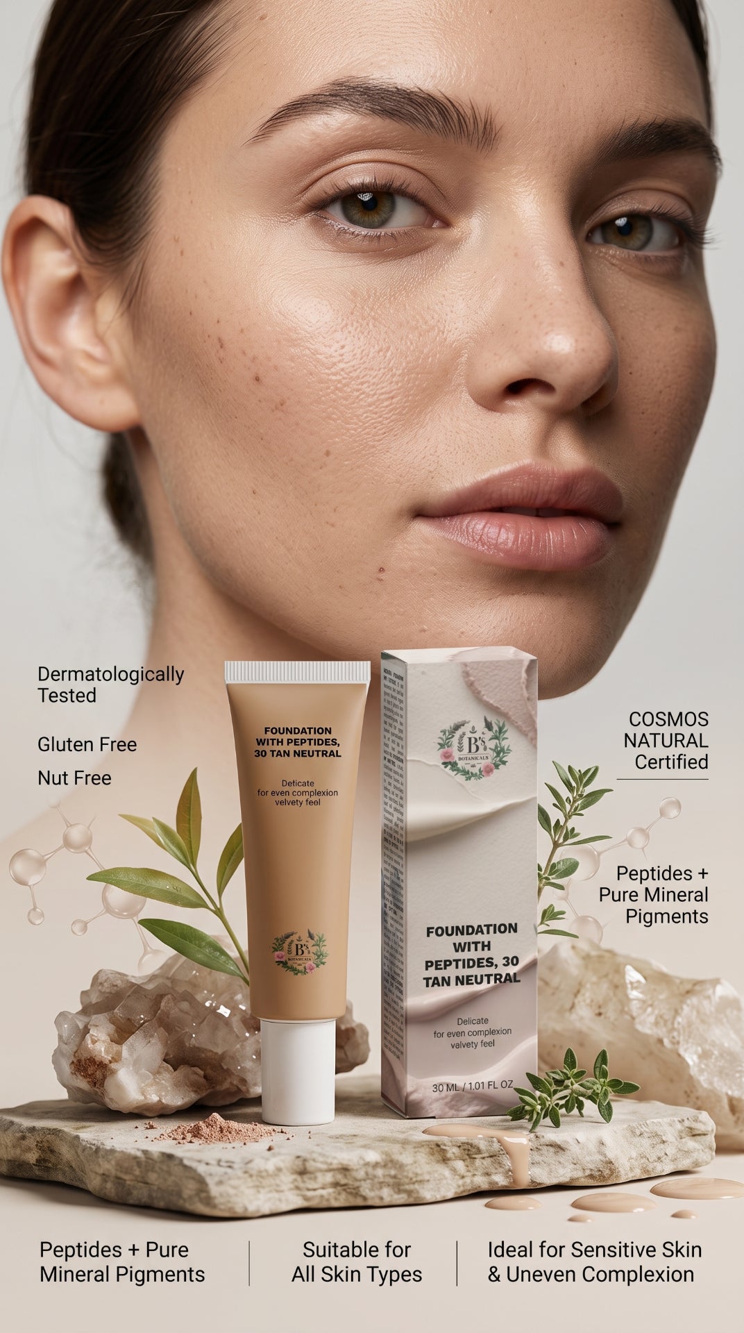 Peptide foundation with hyaluronic acid for hydrated, smooth and naturally perfected-looking skin