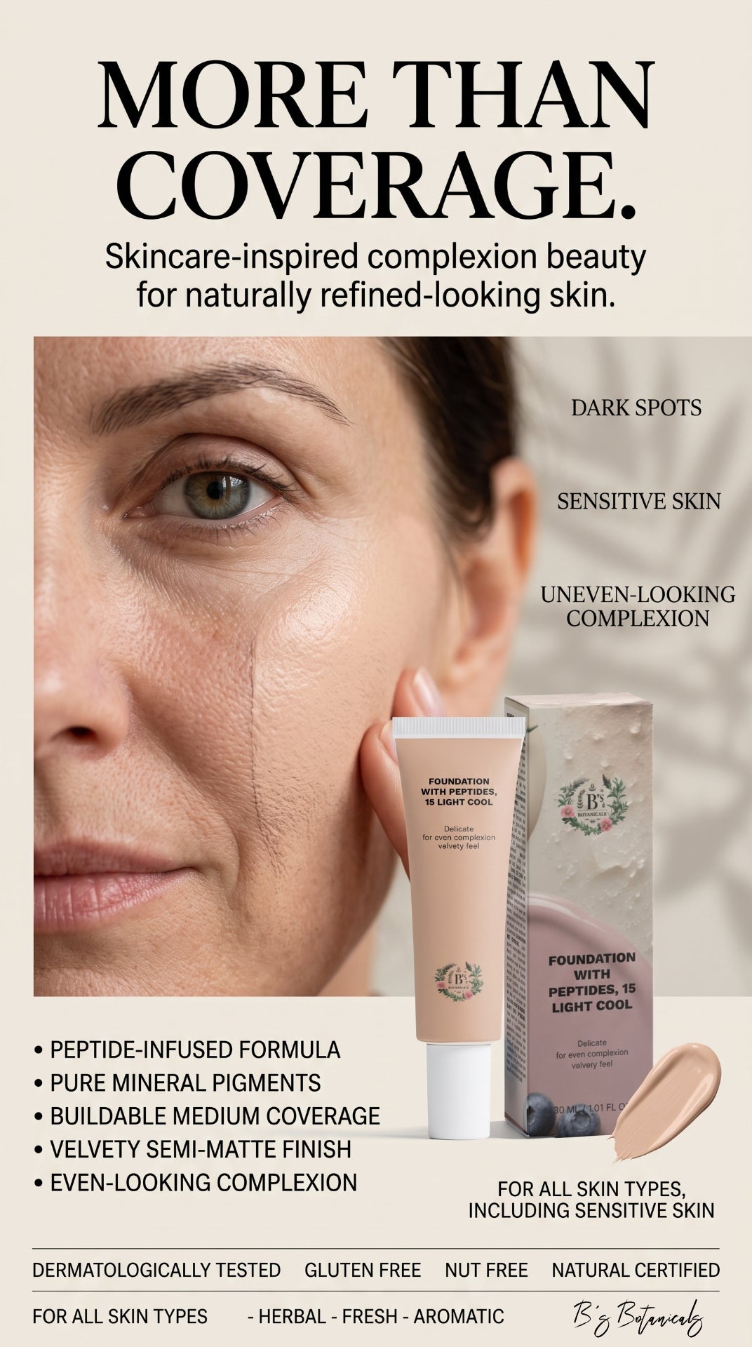 B's Botanicals peptide foundation being blended into skin for lightweight buildable coverage and a natural-looking semi-matte finish.