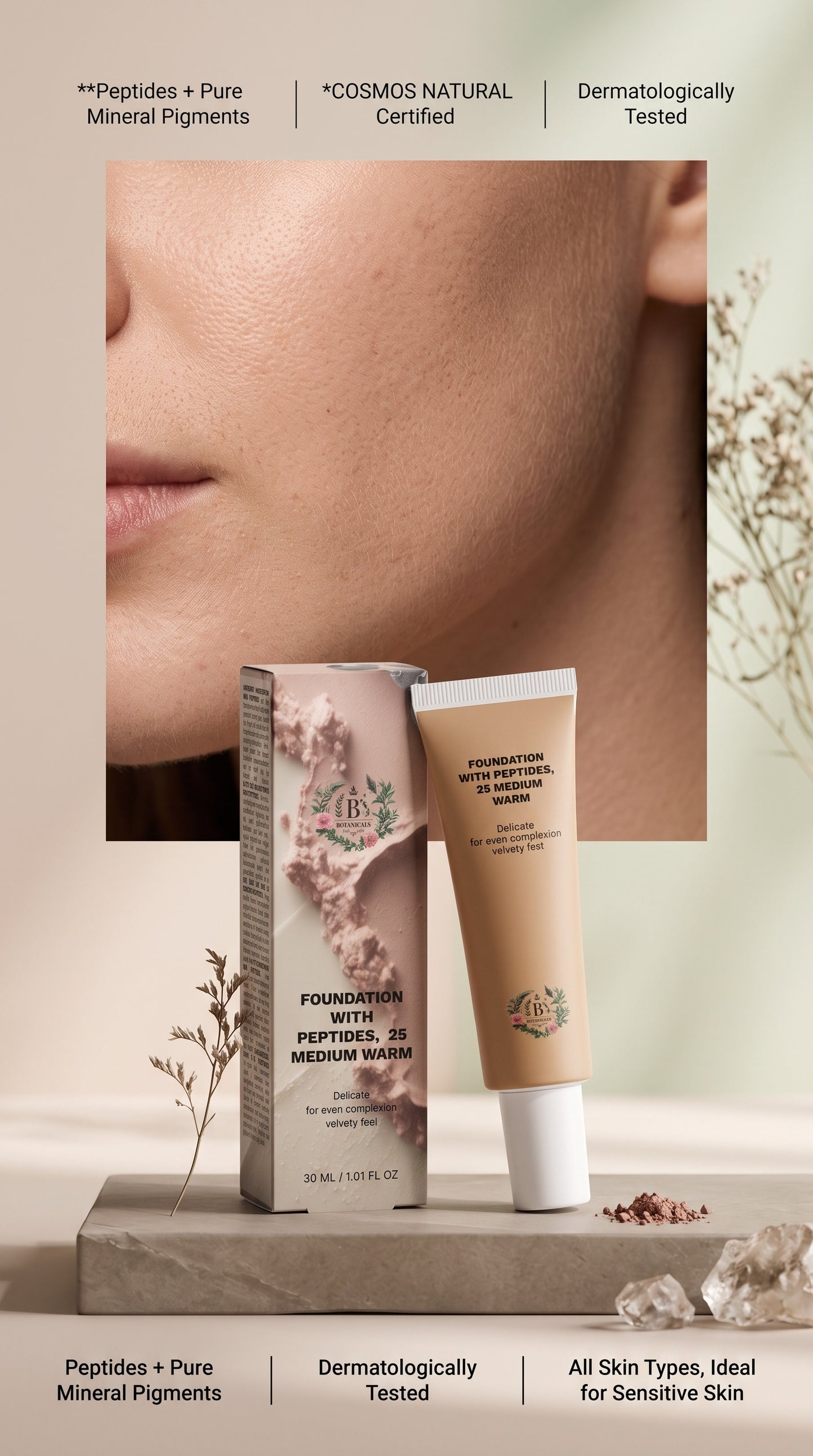 Model wearing B’s Botanicals peptide foundation with a natural-looking semi-matte complexion