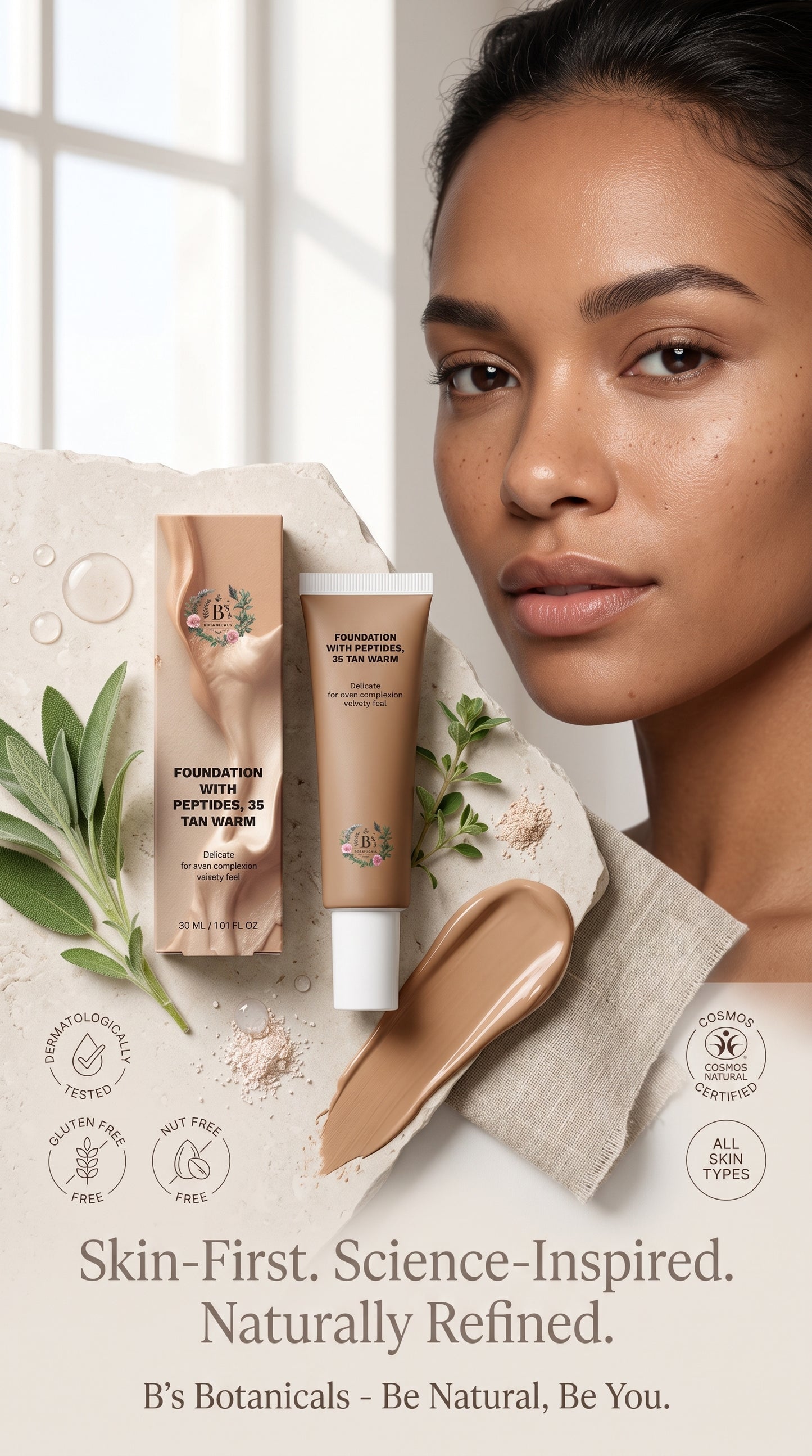Tan warm peptide foundation with a velvety semi-matte finish and buildable coverage