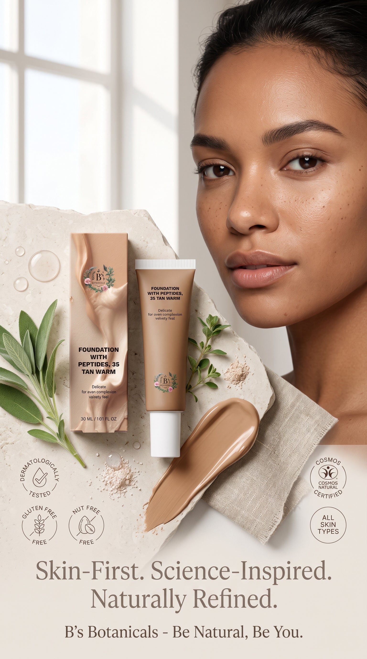 Tan warm peptide foundation with a velvety semi-matte finish and buildable coverage