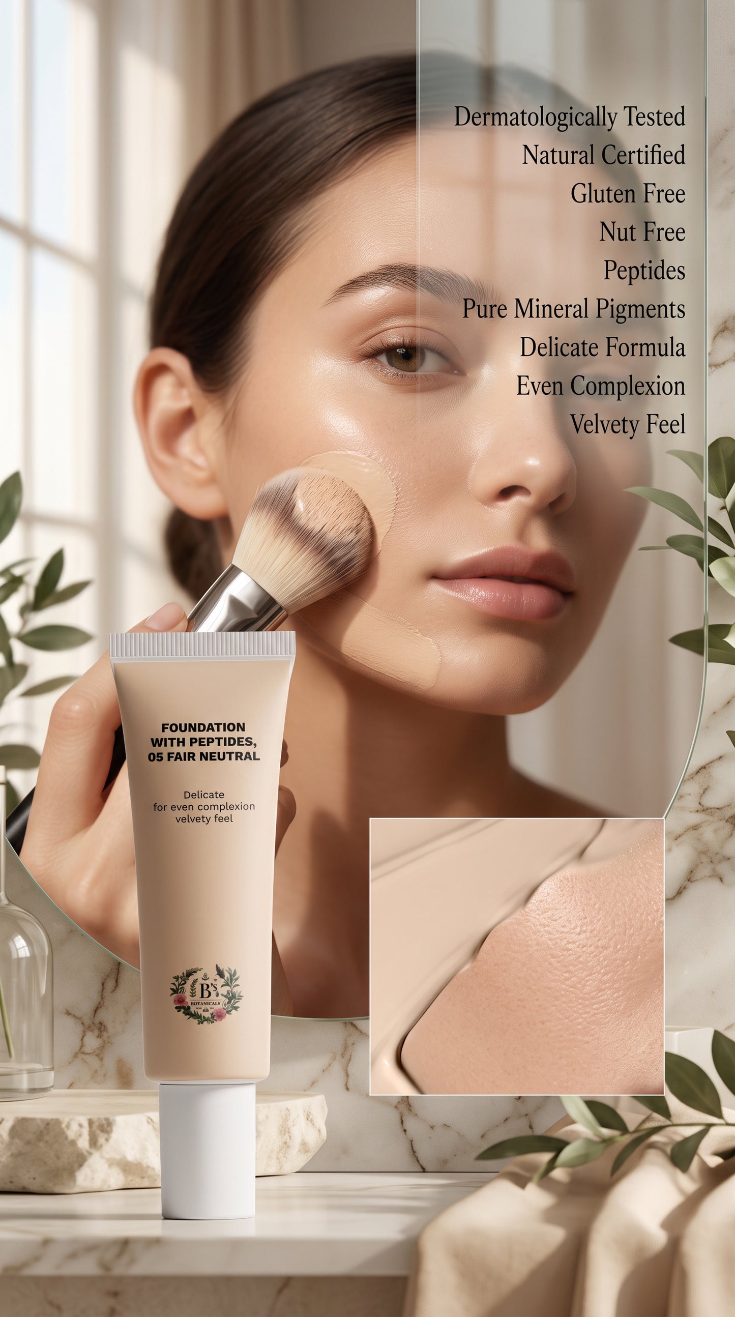 A cosmetic foundation tube stands on a marble surface in a beauty setting, with a woman applying liquid foundation to her face using a brush. A small inset shows the foundation texture on skin, and text on the right lists product benefits.
