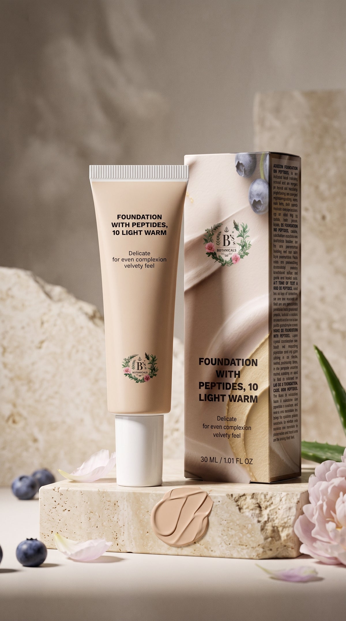 10 Light Warm natural peptide foundation by B’s Botanicals with skincare-inspired ingredients