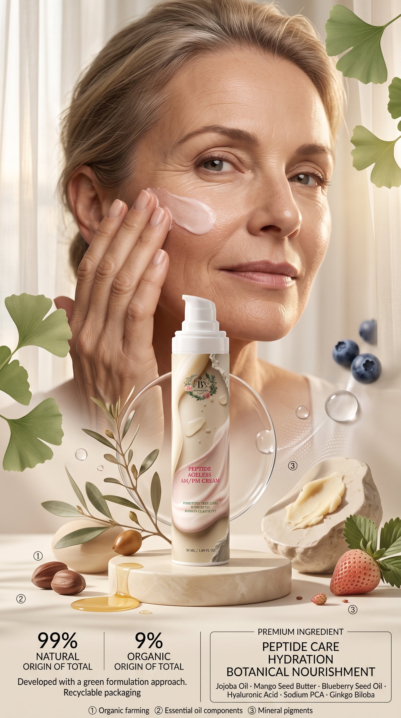 Mature woman applying Peptide Ageless AM/PM Cream for hydrated, smoother-looking skin.