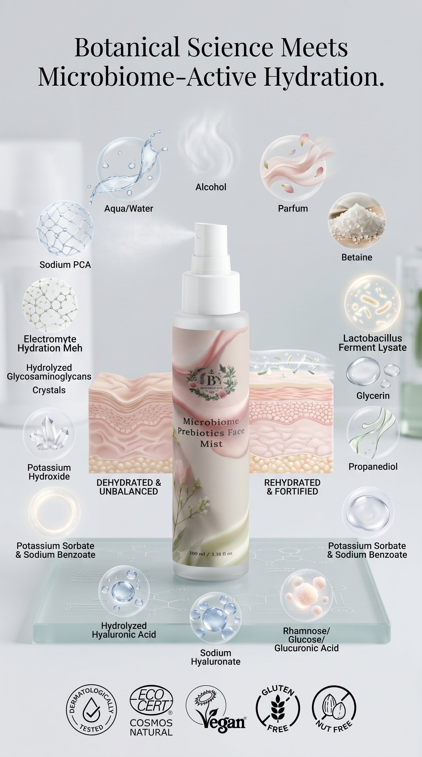 Lightweight hydrating facial mist with prebiotics for balanced and healthy-looking skin