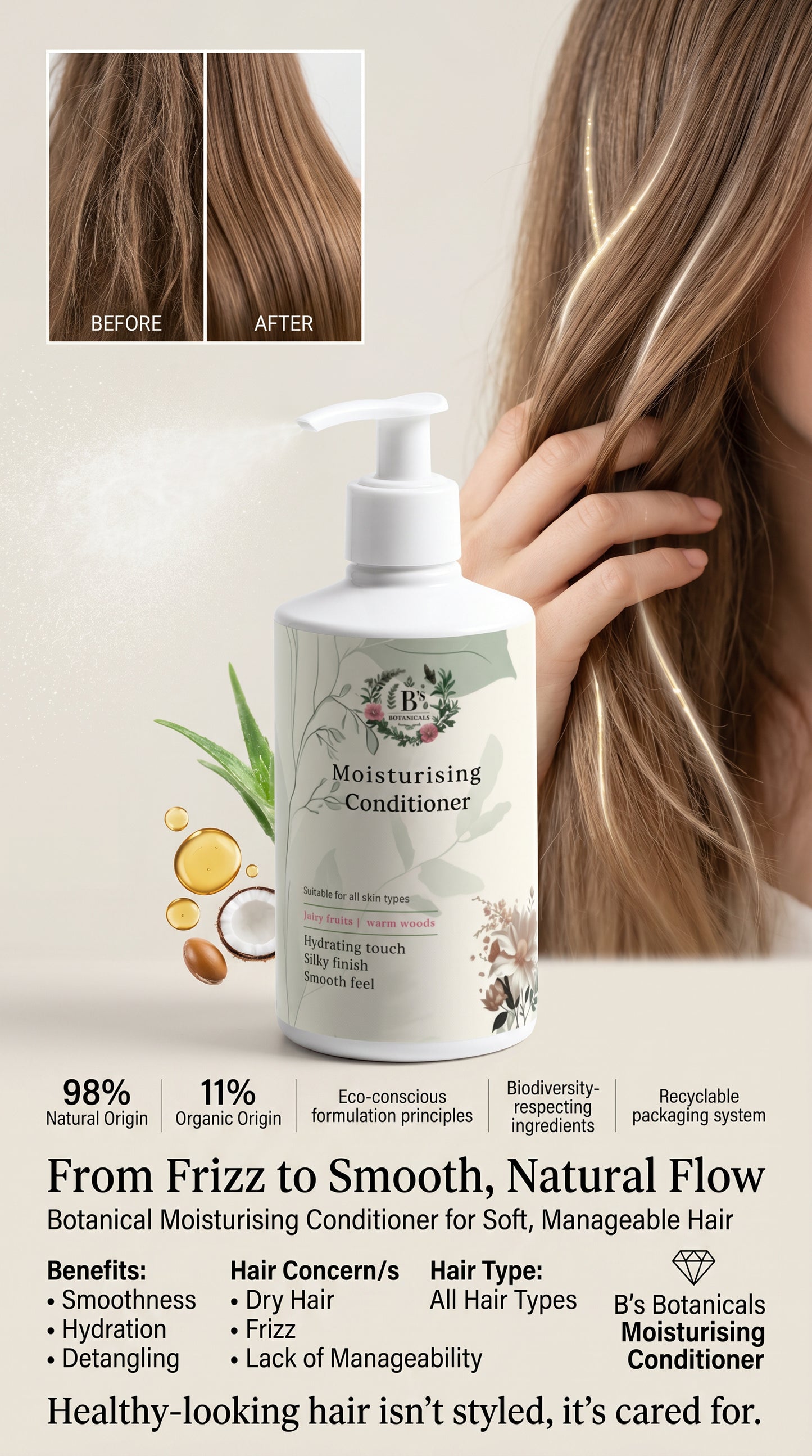 Before and after hair transformation using botanical moisturising conditioner for dry and frizzy hair, showing smoother, softer and more manageable hair results