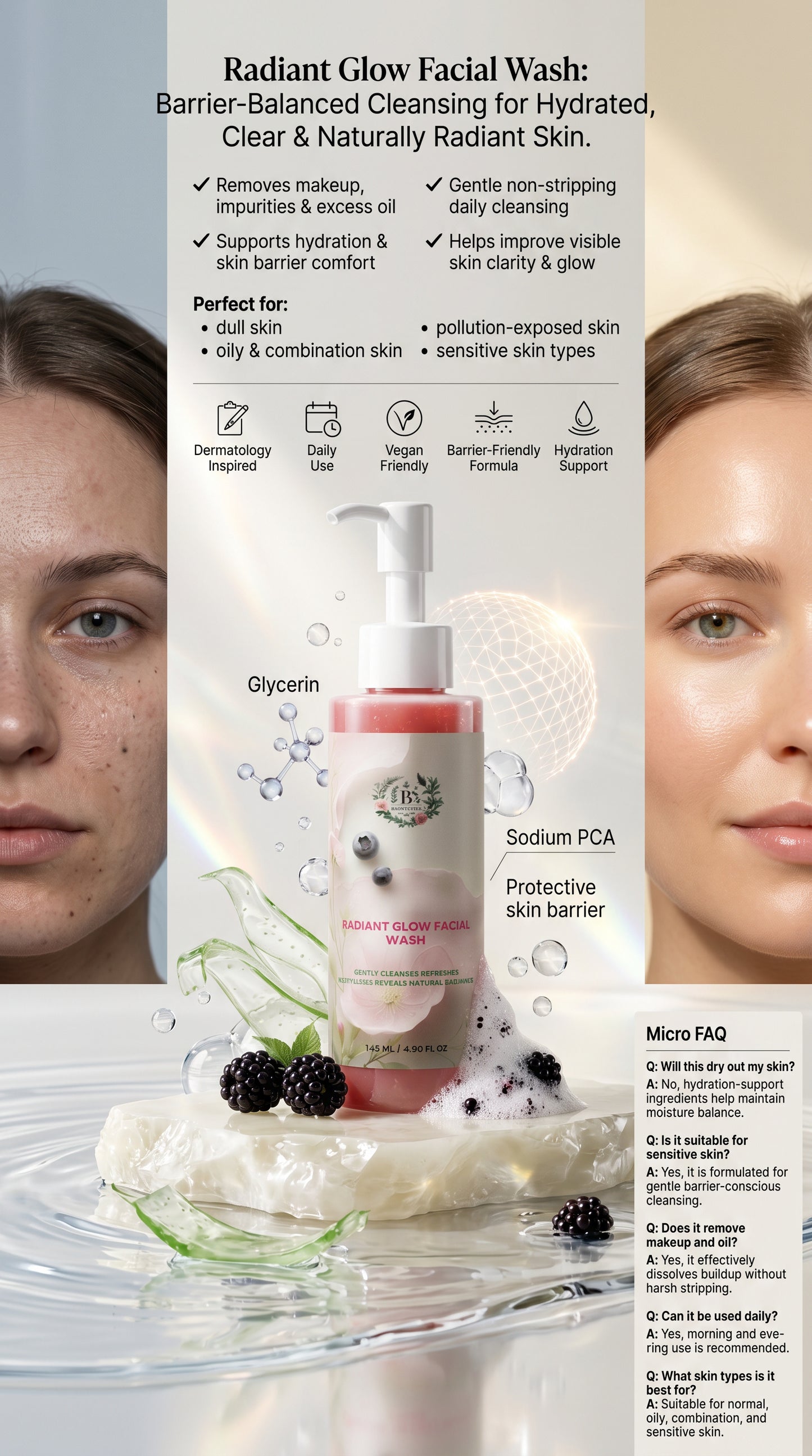 Luxury Radiant Glow Facial Wash campaign image showing gentle barrier-balanced cleansing for hydrated, clear and radiant skin with botanical hydration and dermatology-inspired skincare science.