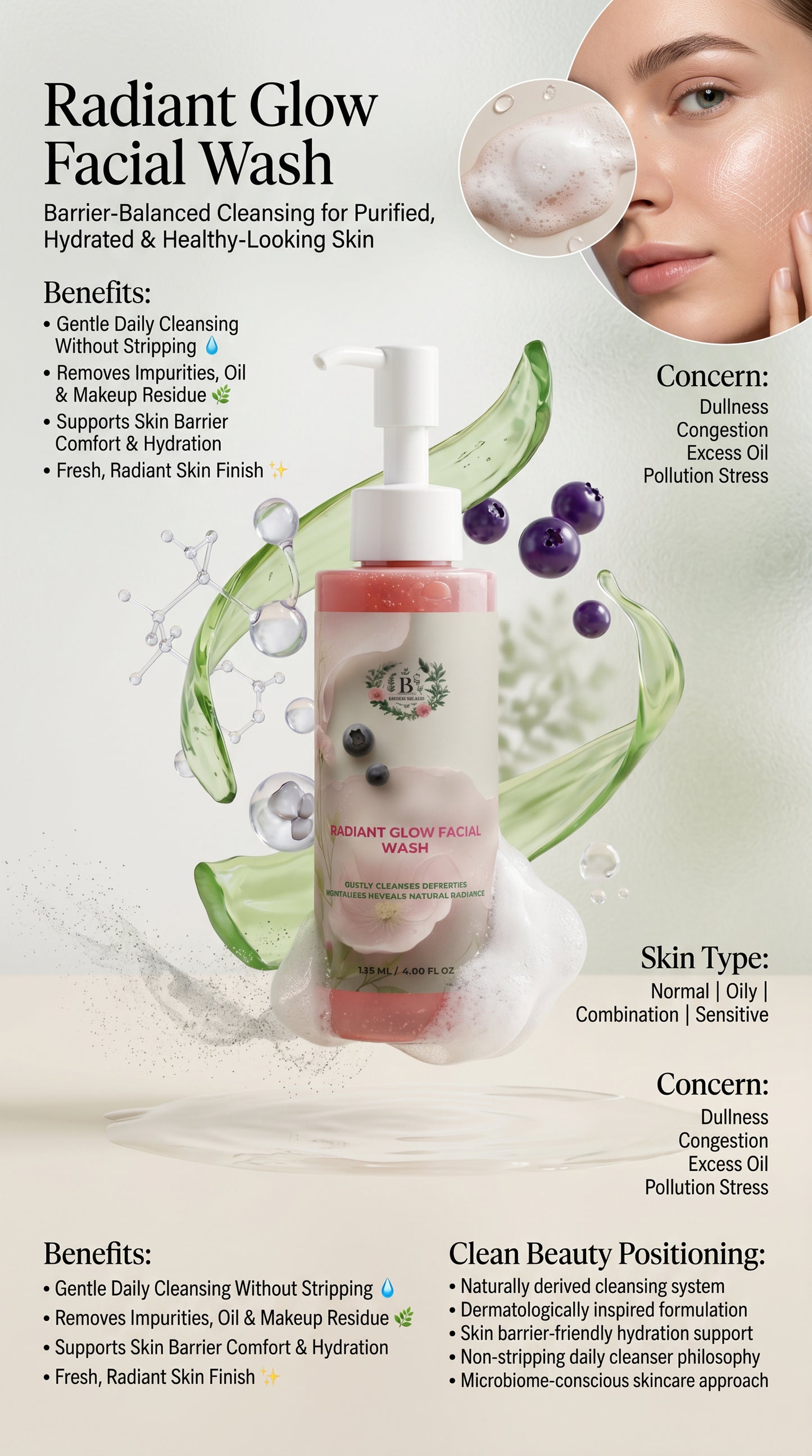 Radiant Glow Facial Wash gentle daily cleanser designed to remove impurities, excess oil and makeup while supporting skin barrier health and hydration balance.