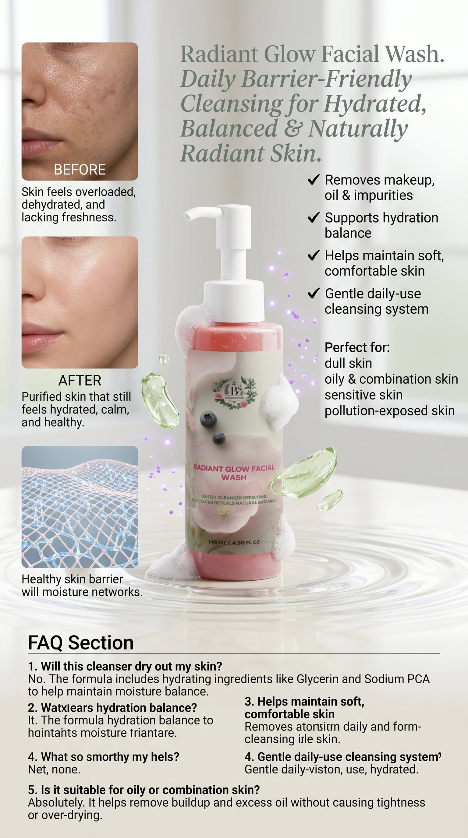 Radiant Glow Facial Wash hydrating daily cleanser designed to remove impurities, excess oil and makeup while supporting skin barrier health, hydration balance and a naturally radiant complexion.
