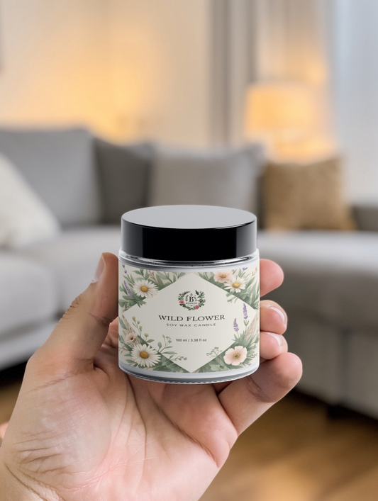 Hand holding a candle labeled 'Wild Flower' in a living room setting