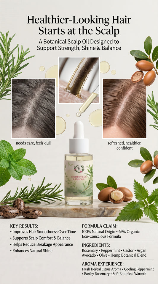 Advertisement for a botanical scalp oil with images of hair care products and benefits.