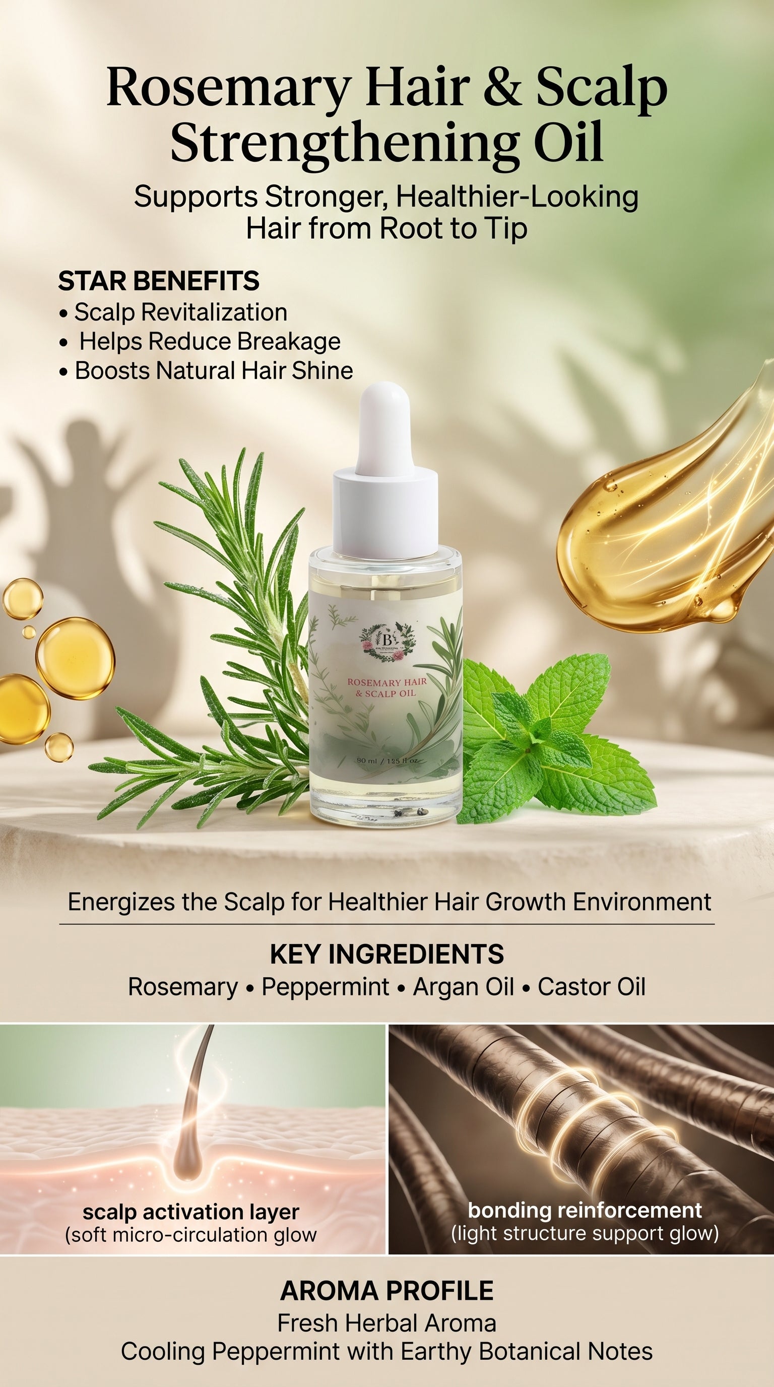 Rosemary hair and scalp strengthening oil with product image and benefits listed.